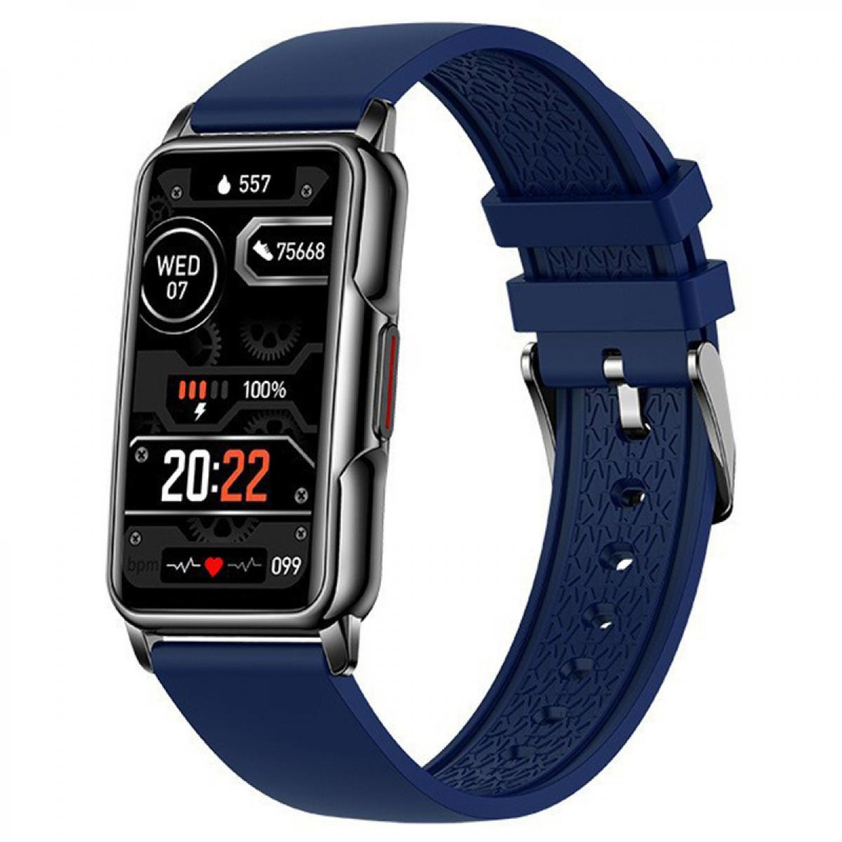 Rechteckige Smartwatch mit dunkelblauem Armband. Bildschirm zeigt Zeit, Datum, Schritte, Akku.