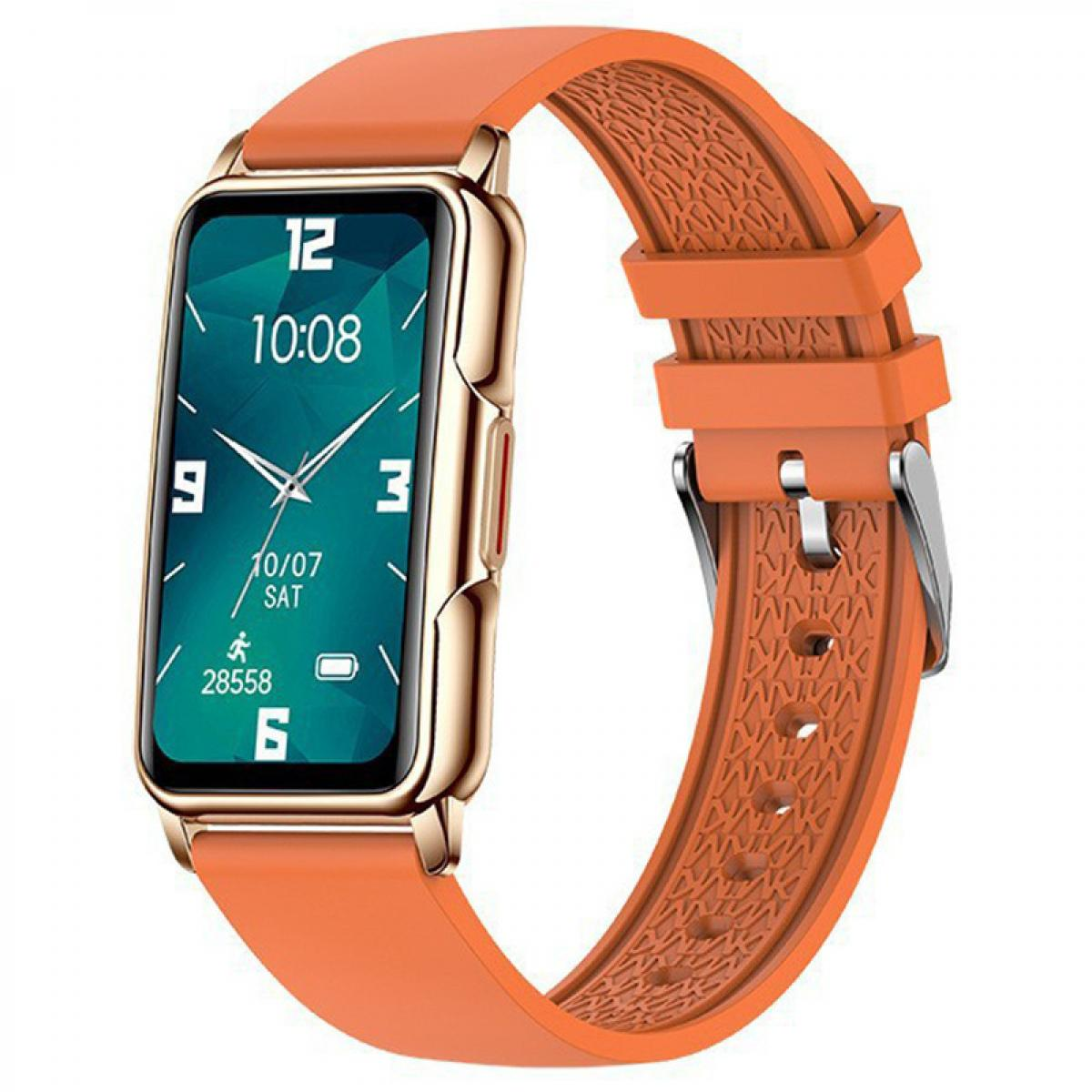 Eine goldene Smartwatch mit orangefarbenem Armband, zeigt 10:08 Uhr, 7. Okt.