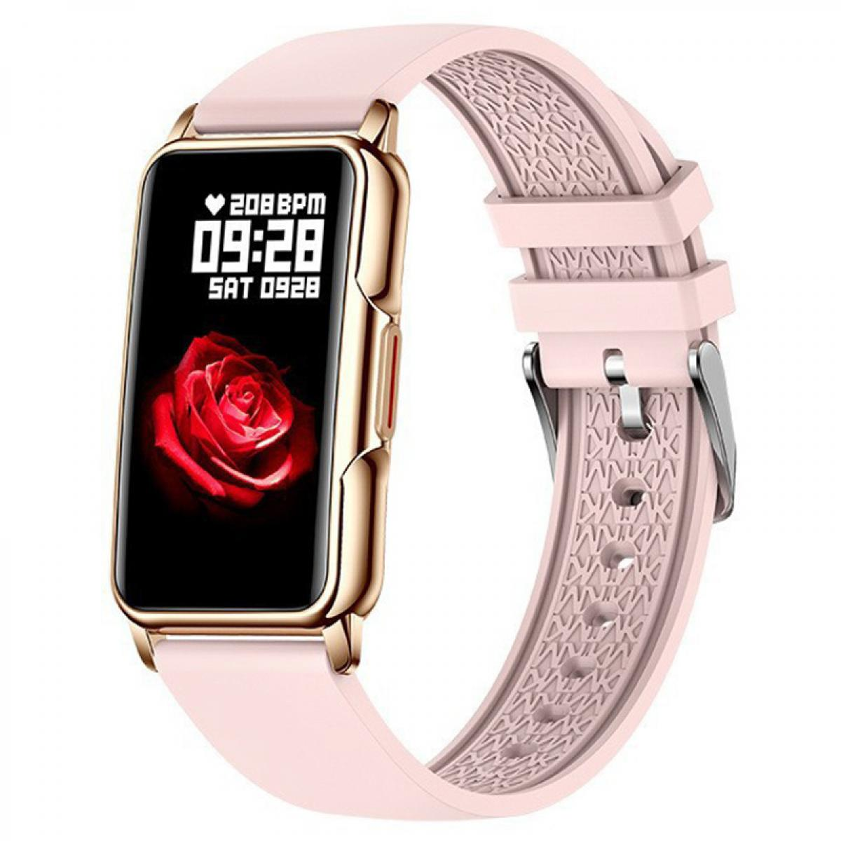 Eine pinke Smartwatch mit goldenem Rahmen zeigt eine rote Rose und 09:28.