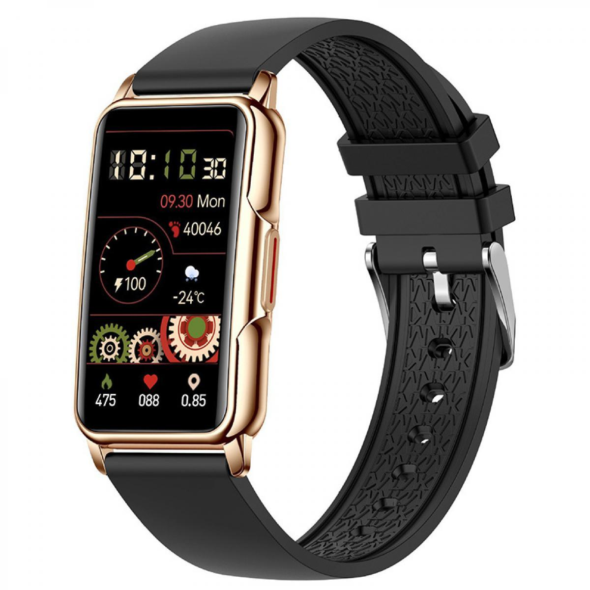 Goldene Smartwatch mit schwarzem Armband, zeigt Zeit, Datum, Schritte, Temp, Akku.