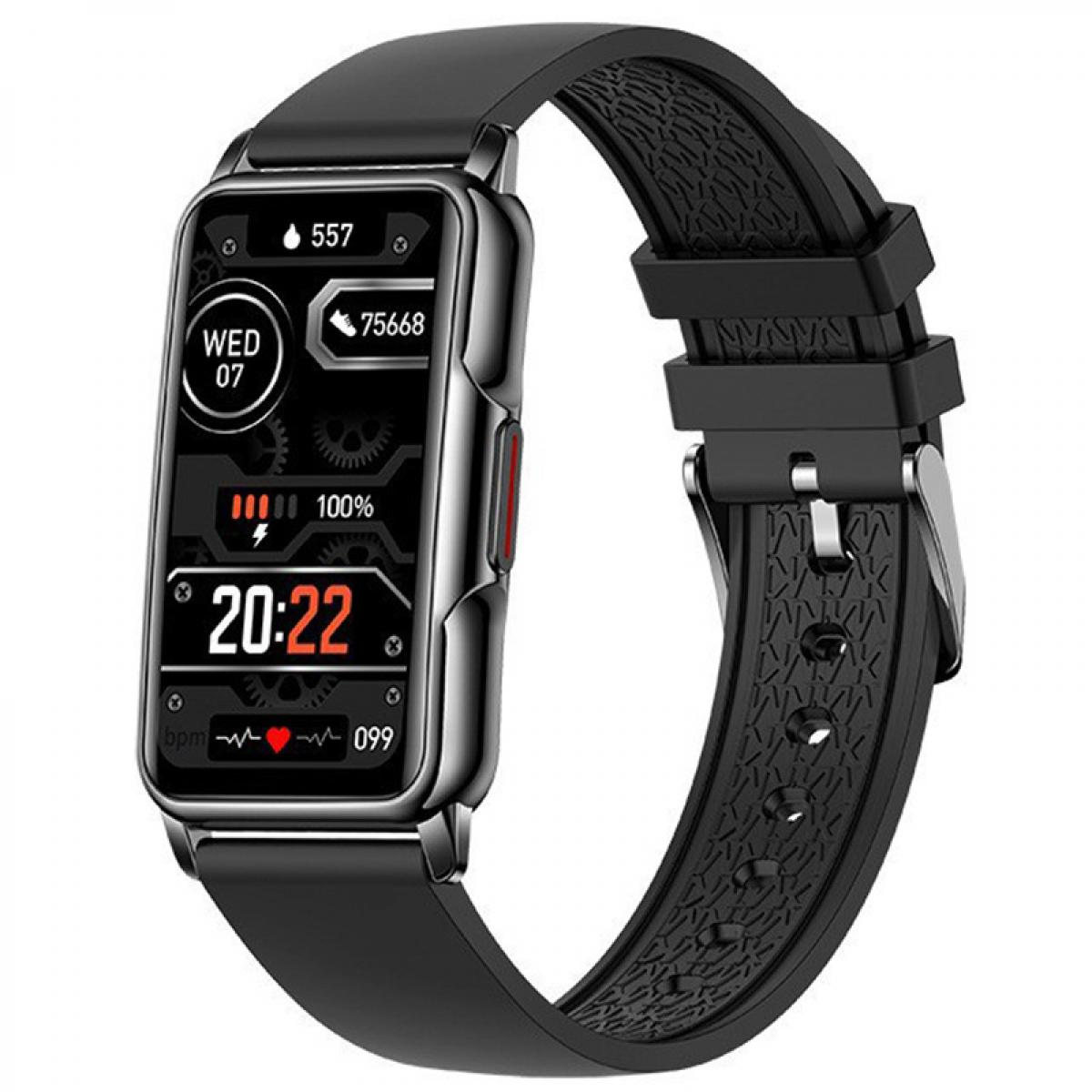 Schwarzes Smartwatch mit silbernem Gehäuse, zeigt Zeit, Datum und Fitnessdaten an.