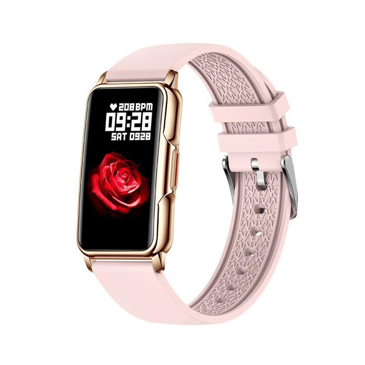 Ein rosafarbener Fitness-Tracker mit einem roten Rosen-Display und Herzfrequenzanzeige.