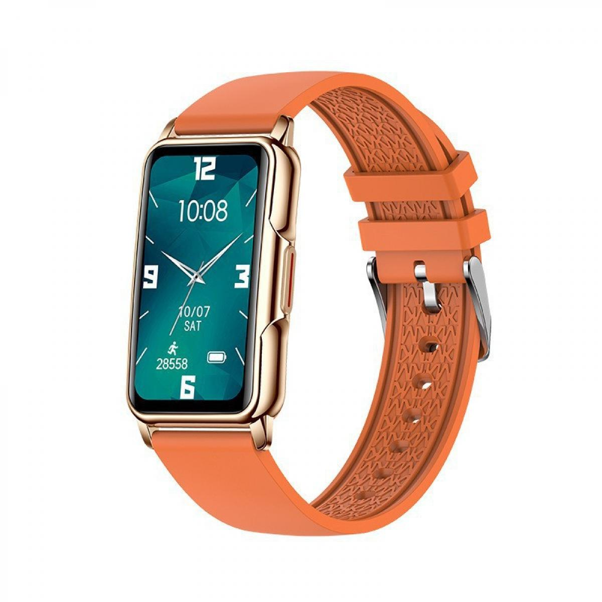 Eine goldene Smartwatch mit orangefarbenem Armband zeigt 10:08 und Datum 10/07.