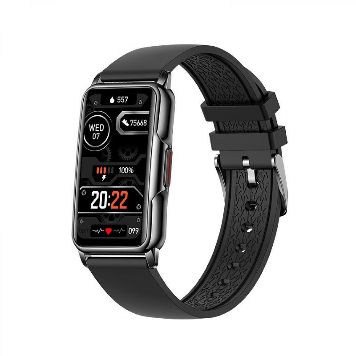 Eine schwarze Smartwatch mit rechteckigem Display zeigt Uhrzeit, Datum, Schritte, Herzfrequenz.