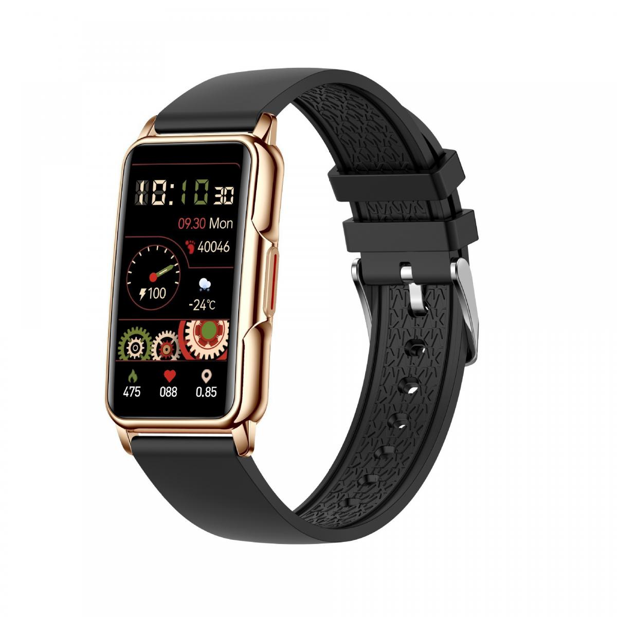 Goldfarbene Smartwatch mit schwarzem Armband, zeigt Uhrzeit, Datum, Schrittzahl, Temperatur.