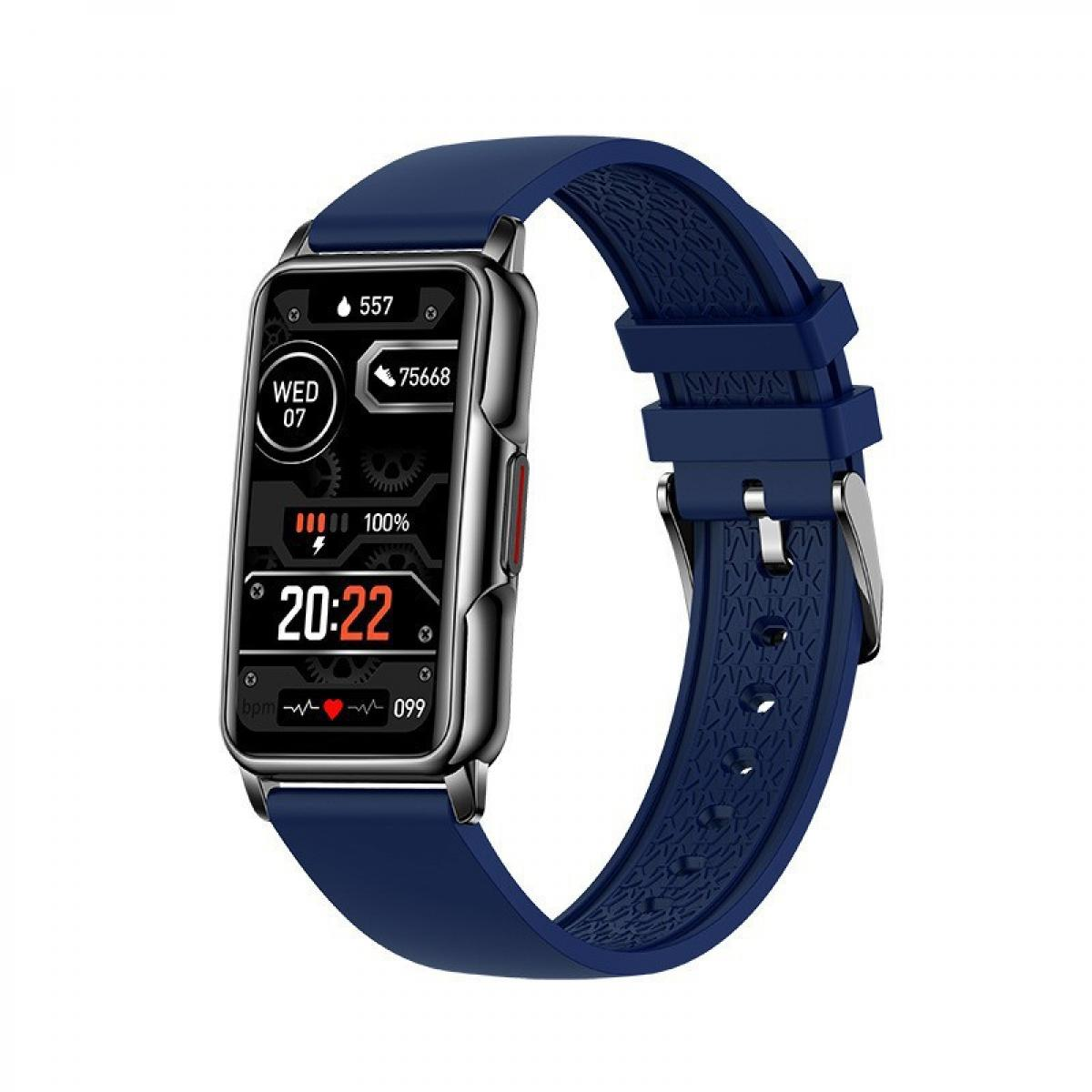 Eine blaue Smartwatch mit silbernem Gehäuse auf weißem Hintergrund, zeigt Zeit, Datum und Herzfrequenz.