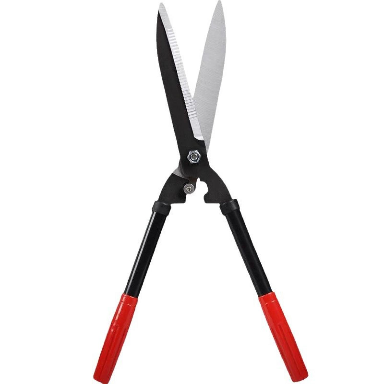 Gartenschere mit schwarzen Klingen, schwarzen Griffen und roten Griffenden.