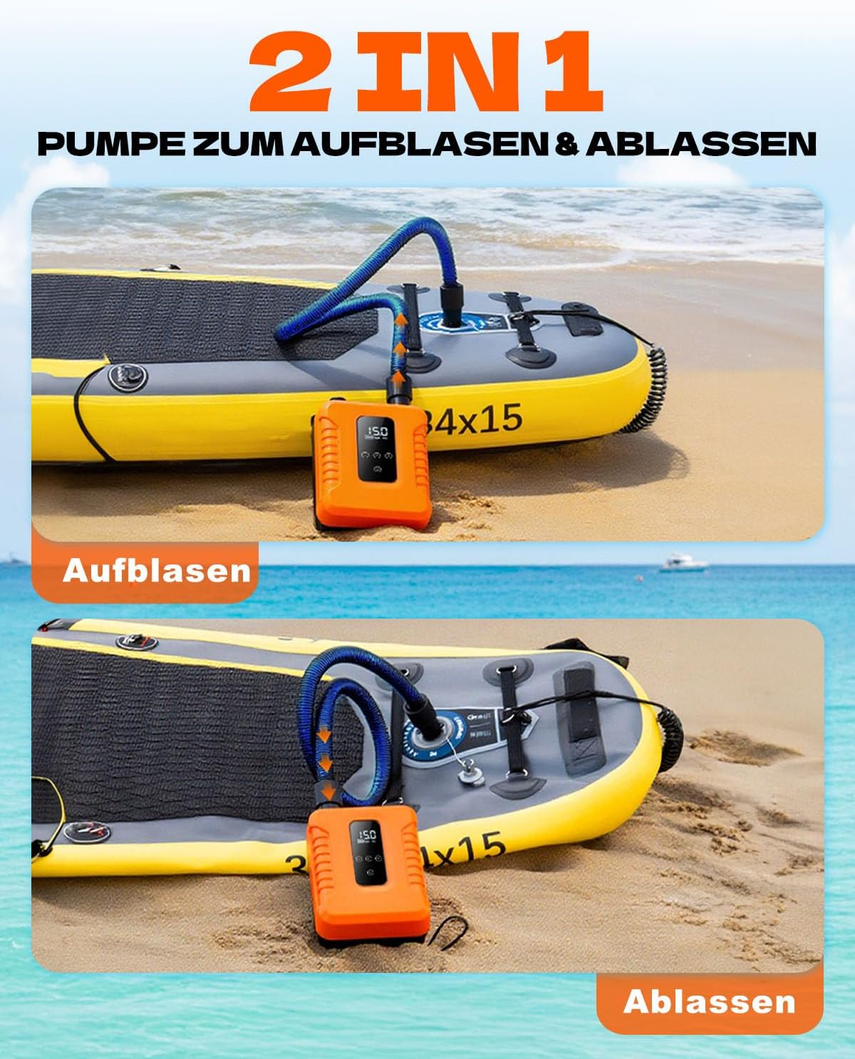 Eine orange Pumpe verbindet sich mit einem aufblasbaren Brett am Strand.