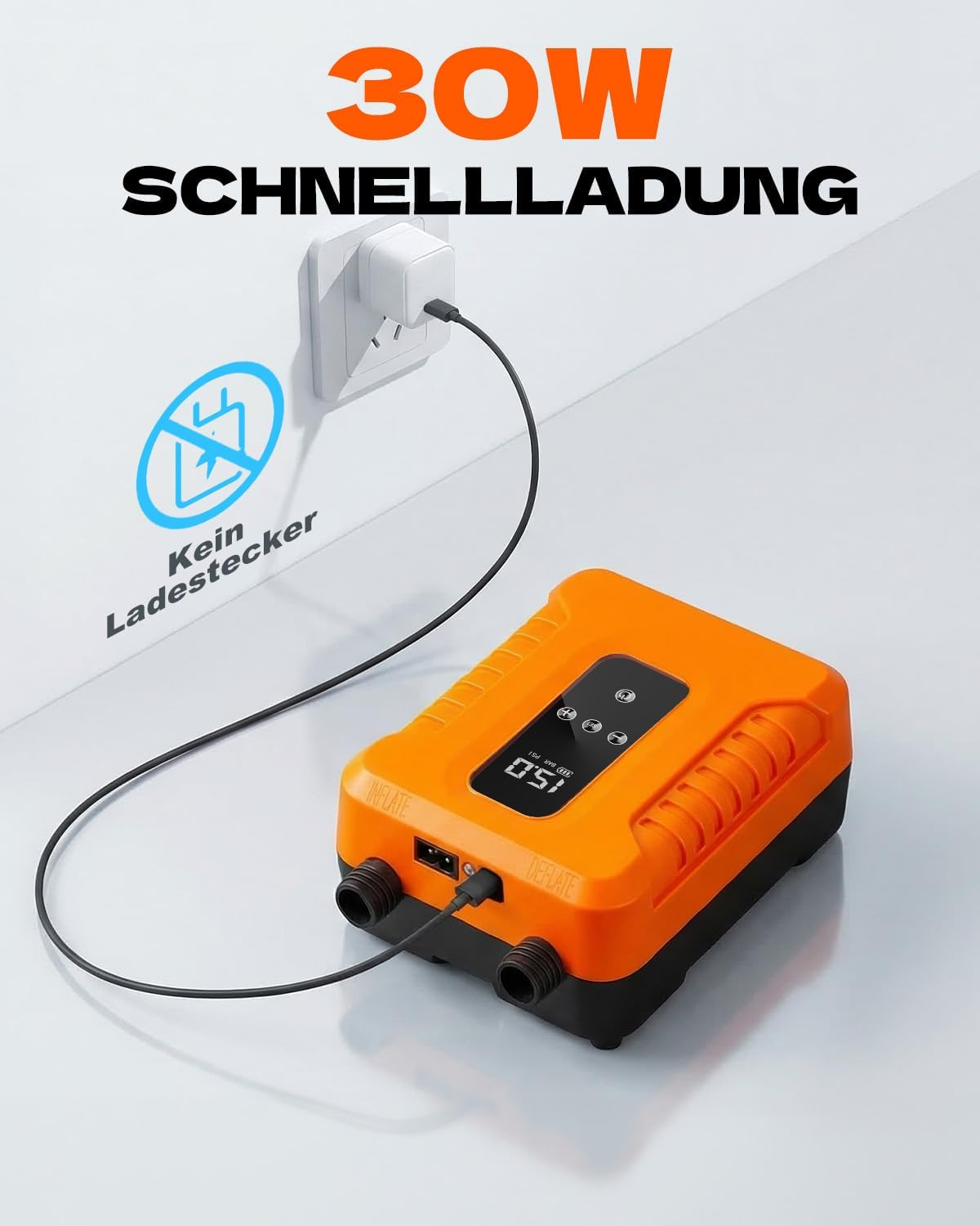 Orange Luftpumpe wird über USB-C geladen. Zeigt 0.51 PSI an. 30W Schnellladung.