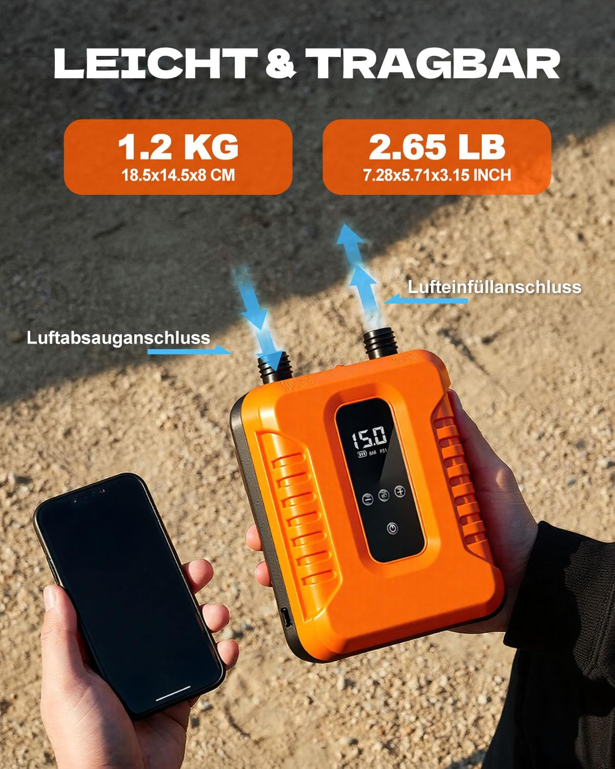 Orange tragbare Luftpumpe mit Handy, zeigt Gewicht und Maße.