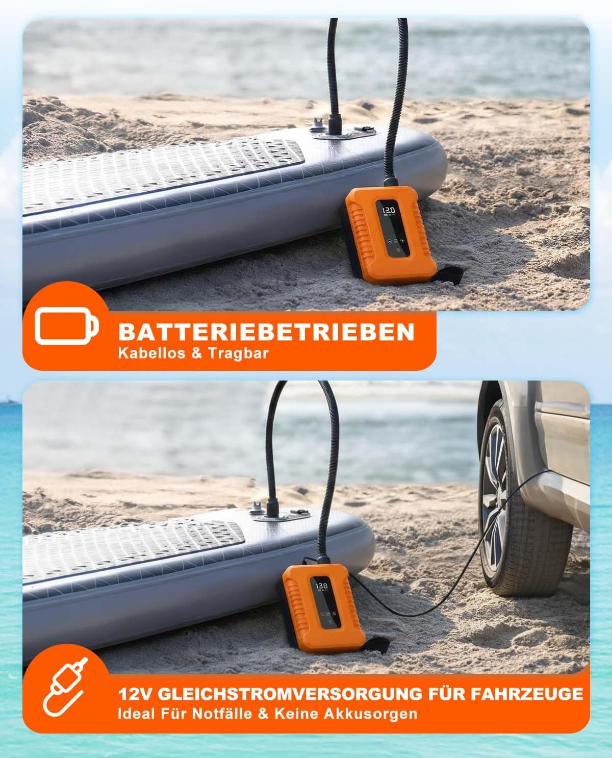 Luftkompressor am Strand, eine Seite zeigt Akkubetrieb, die andere 12V-Anschluss.