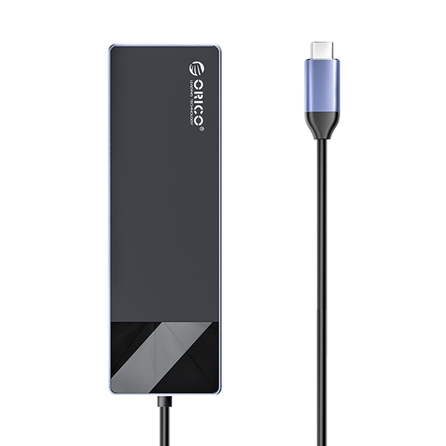 Mavi USB-C kablolu koyu renkli dikdörtgen muhafaza.