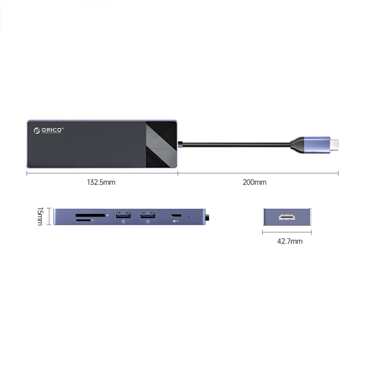 Bağlantı noktaları ve boyutları gösterilen koyu USB-C hub.