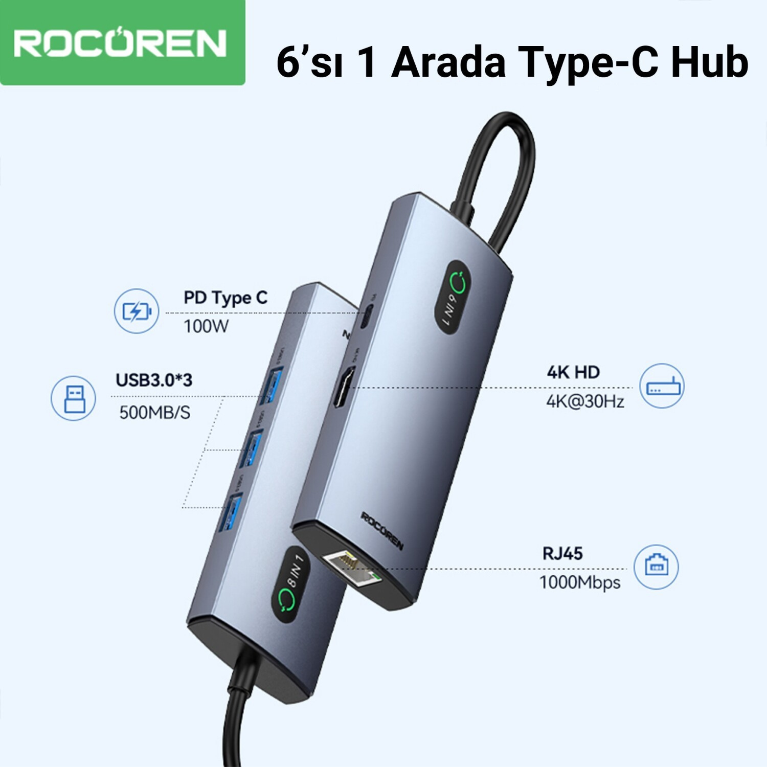 PD, USB 3.0, 4K HD ve RJ45 bağlantı noktalarına sahip gri Type-C hub.