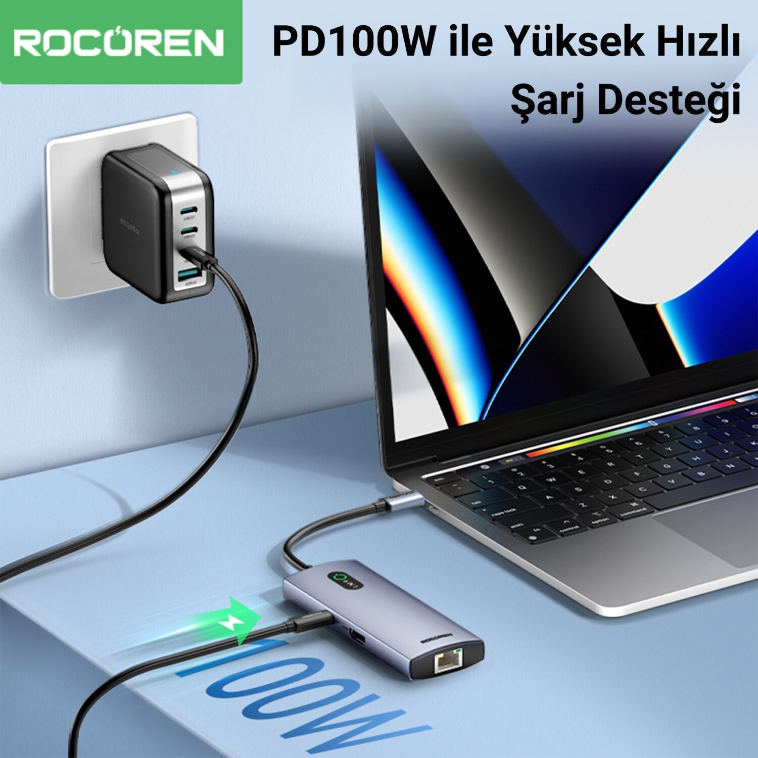 Siyah 100W PD şarj cihazı, USB-C dock istasyonuyla dizüstü bilgisayarı şarj ediyor.