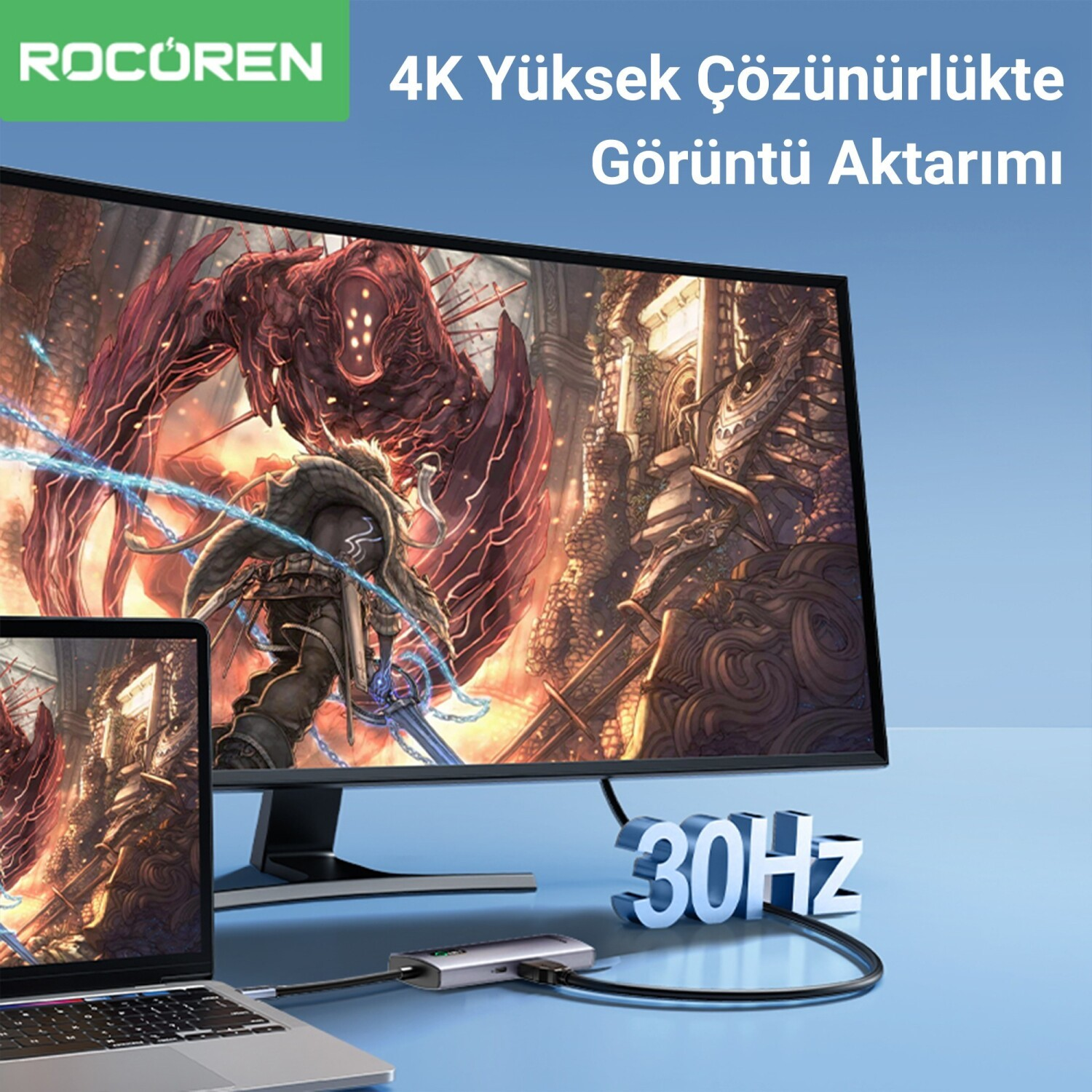 Dizüstü oyunu gösteriyor, 4K 30Hz monitöre bağ'lı.