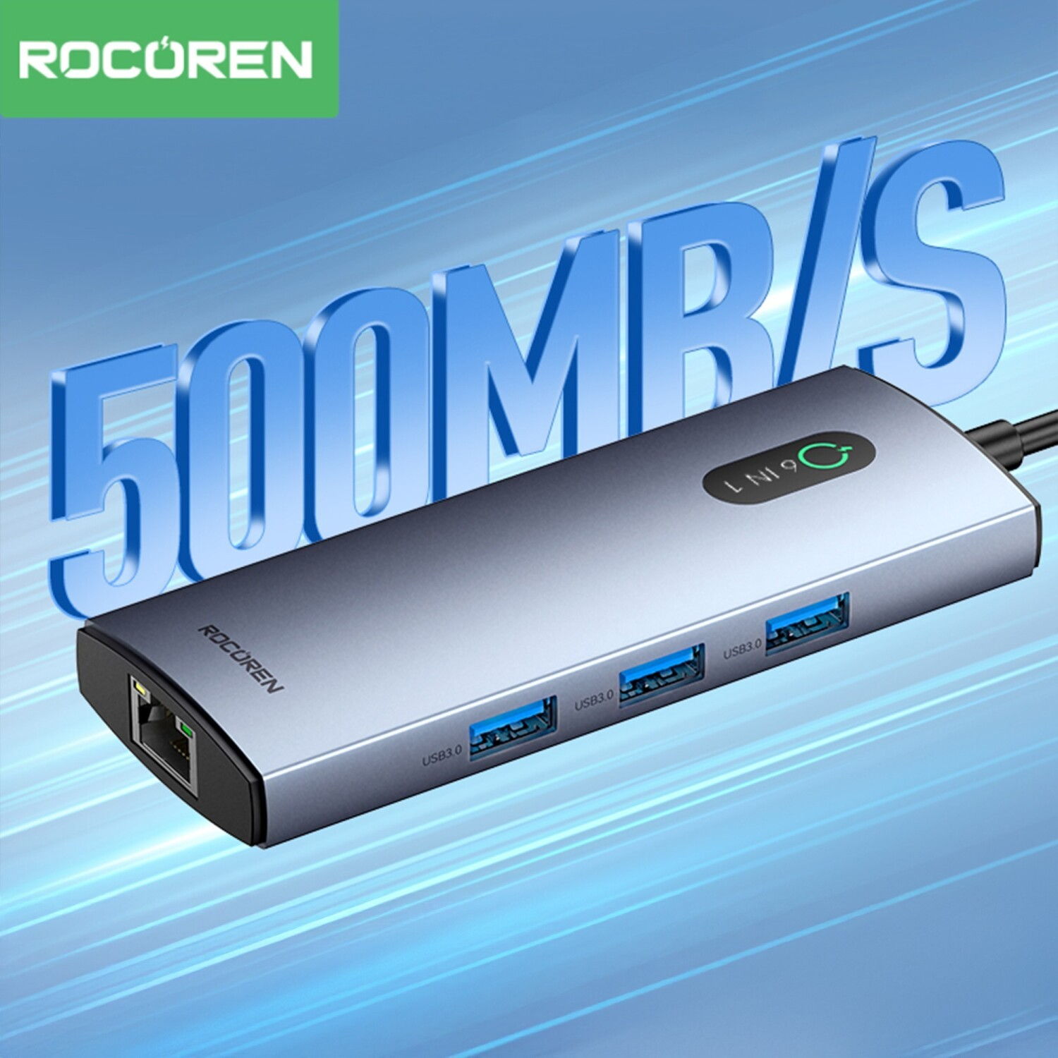 Dört mavi USB 3.0 bağlantı noktasına ve bir Ethernet bağlantı noktasına sahip gri USB-C hub.