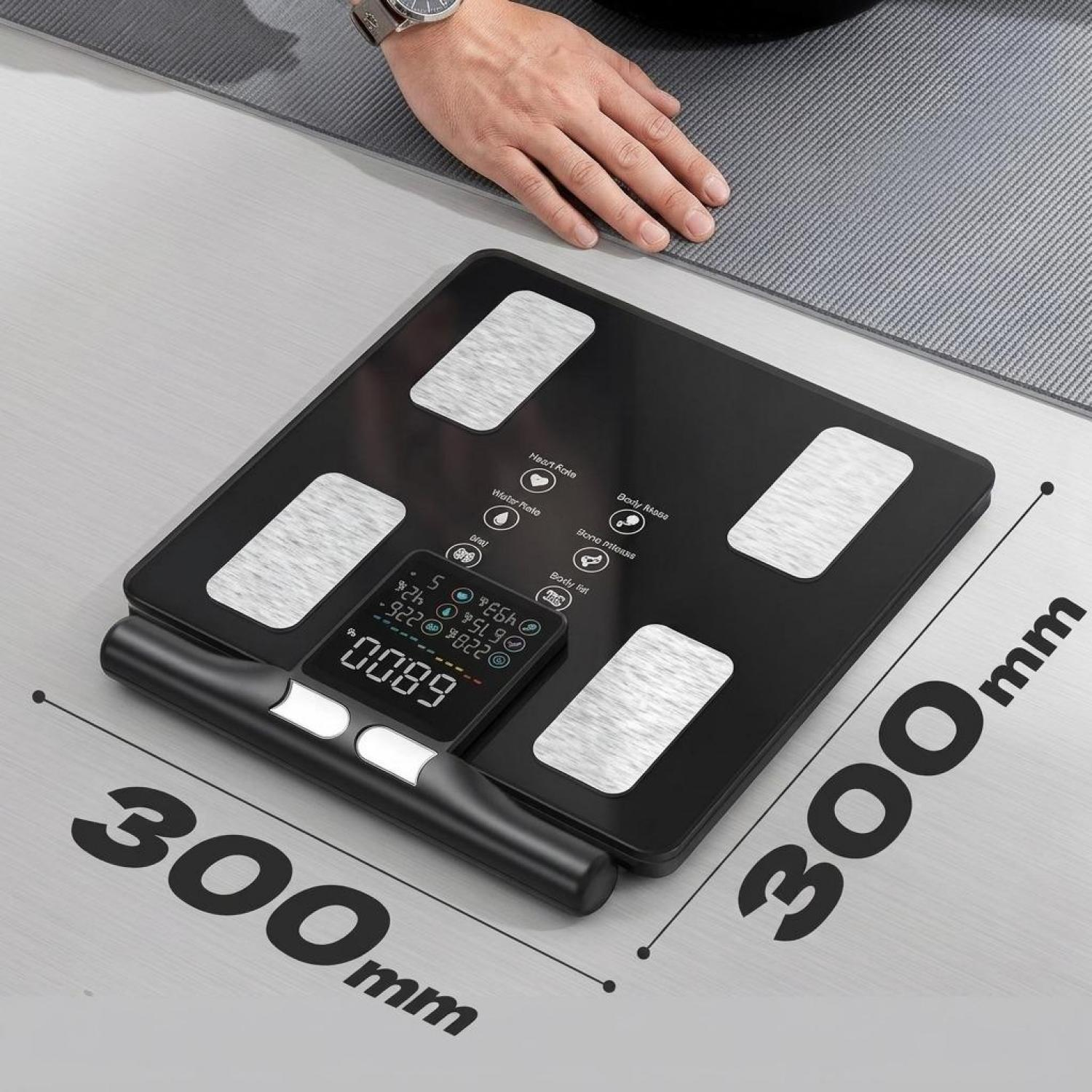 Eine schwarze Körperanalysewaage mit einem Display, das Herzfrequenz, Körperfett und mehr anzeigt.