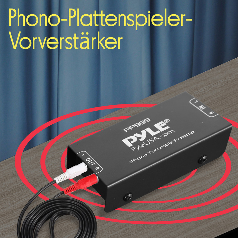 Schwarzer Pyle Phono-Vorverstärker mit roten und weißen Kabeln an L OUT R