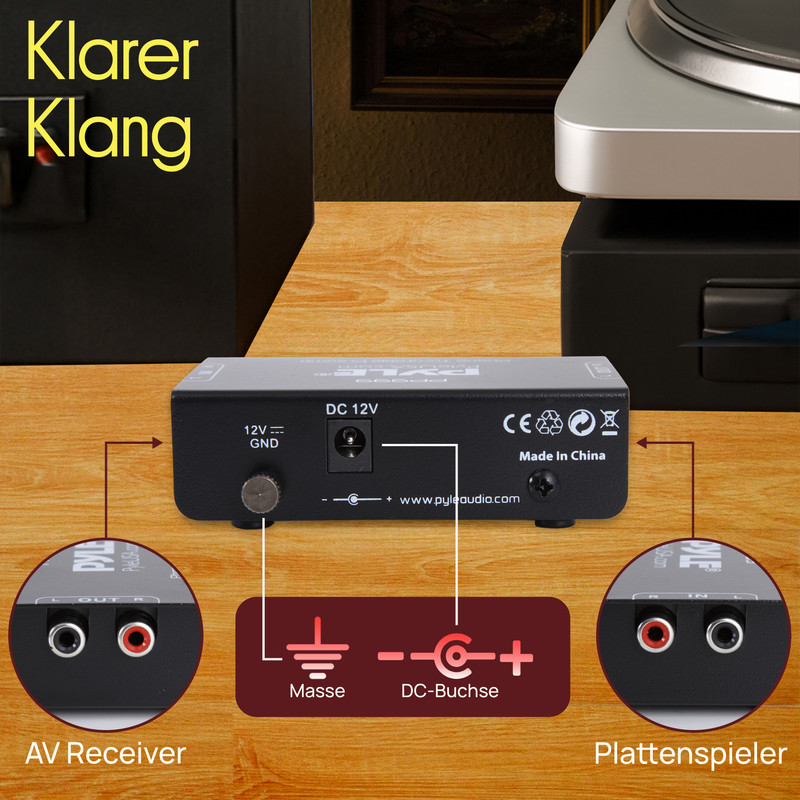 Ein grauer Pyle Preamp mit Anschlüssen für Plattenspieler und AV-Receiver.