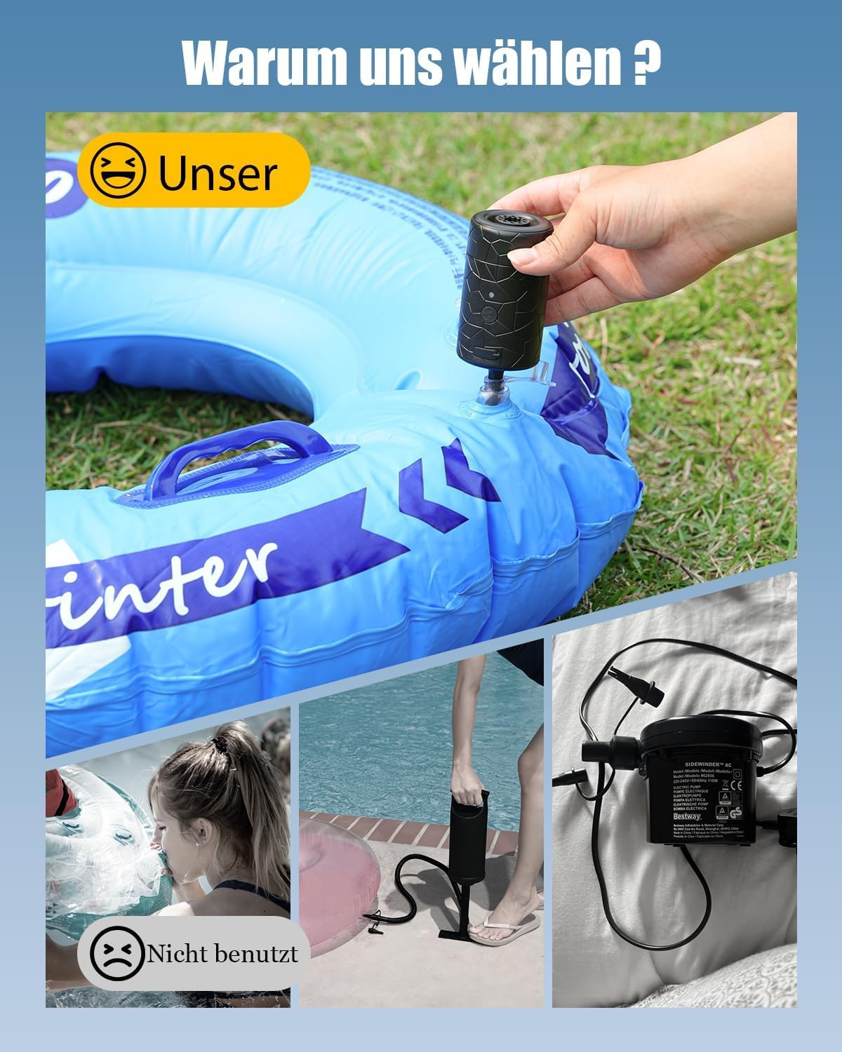 Collage zeigt aufblasbare Produkte und Zubehör zur Luftbefüllung.