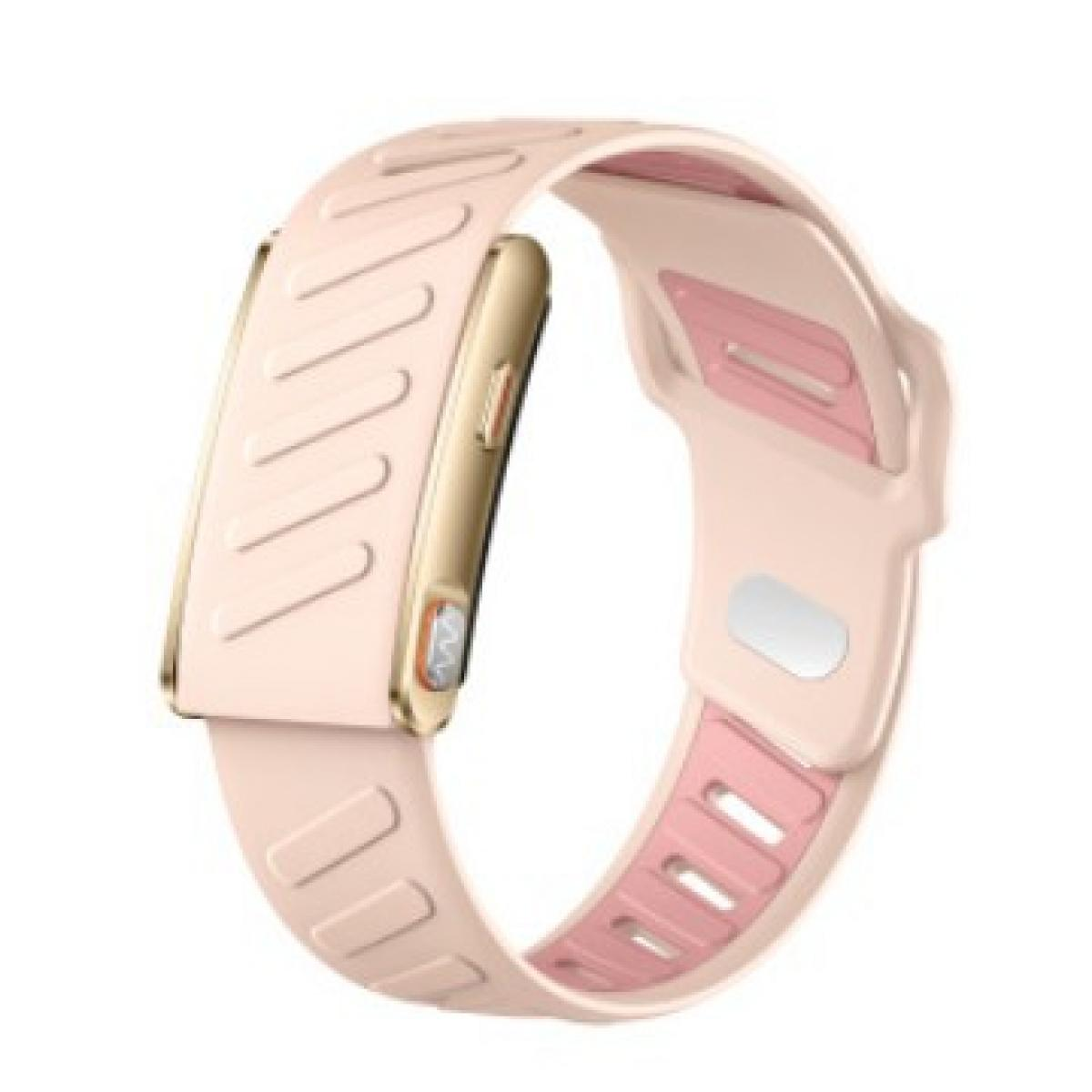 Ein rosafarbener Fitness-Tracker mit goldenem Gehäuse und Rillen.