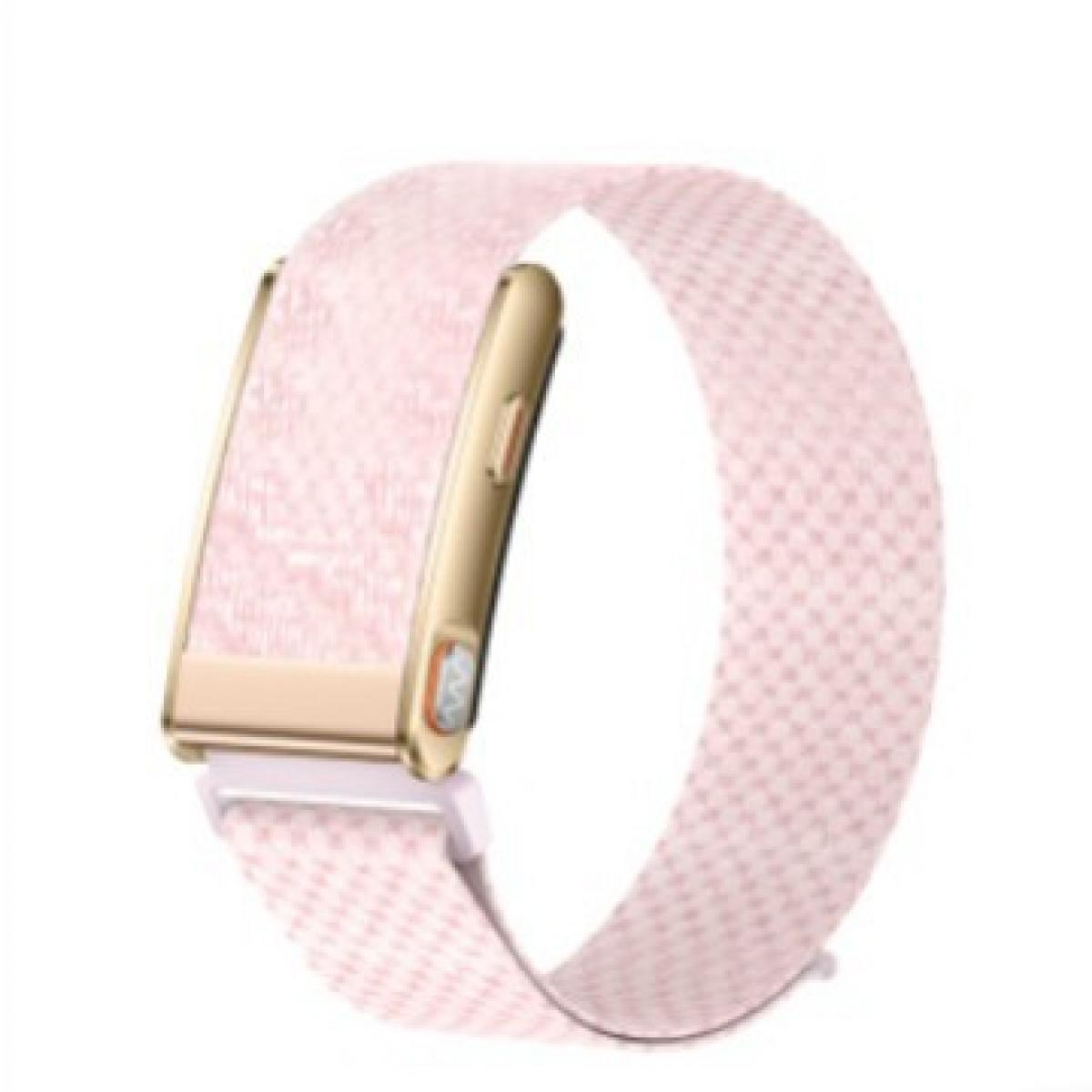 Eine rosafarbene Smartwatch mit goldenem Gehäuse und gemustertem Band.