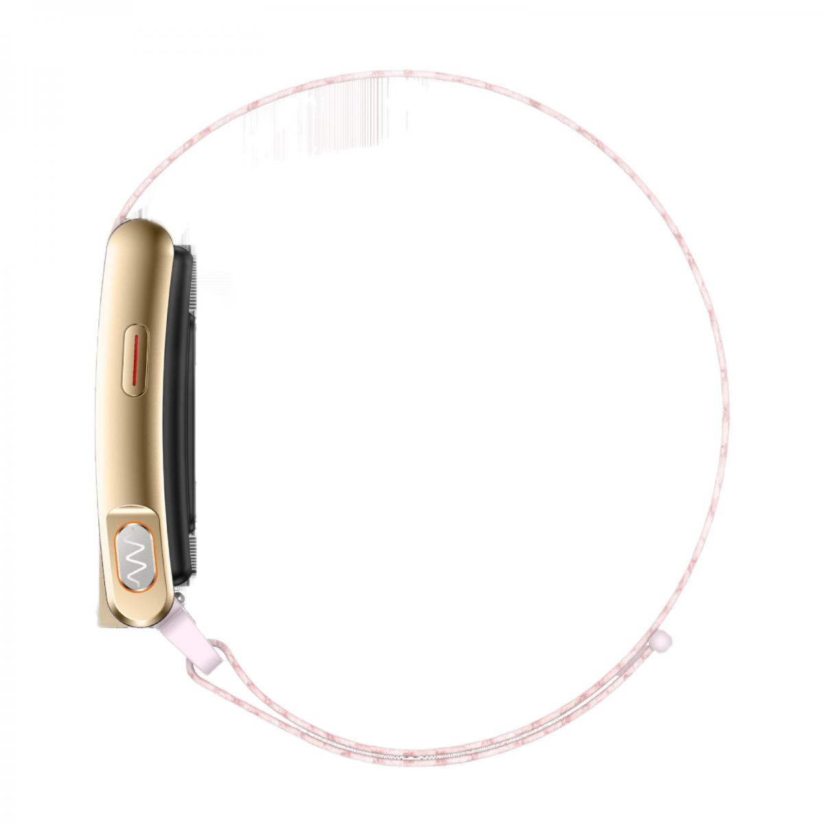 Ein goldenes Smartwatch-Gehäuse mit einem rosa gemusterten Armband.