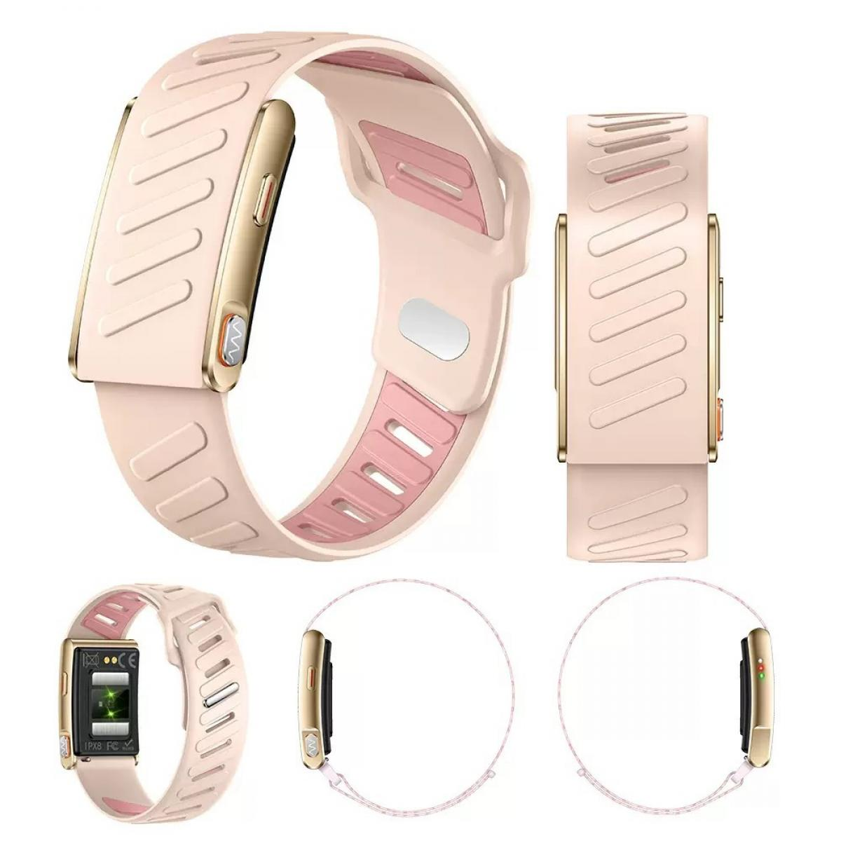 Eine pinke Smartwatch mit goldenen Akzenten und einem texturierten Armband wird aus mehreren Winkeln gezeigt.