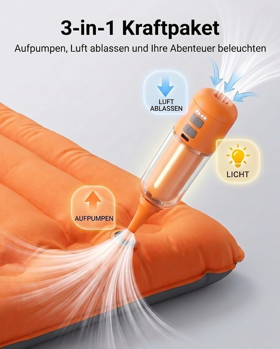 Orange Luftmatratze mit orangefarbener 3-in-1-Pumpe zum Aufpumpen, Ablassen und Beleuchten.