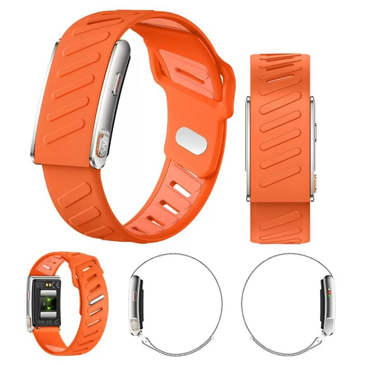 Orange Smartwatch mit silbernen Akzenten und Rillenmuster. Verschiedene Ansichten.
