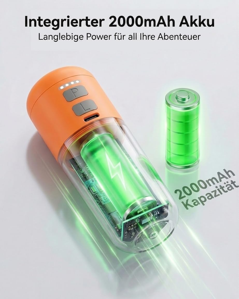 Orange und transparente Powerbank mit leuchtendem grünen Akku und Symbol.