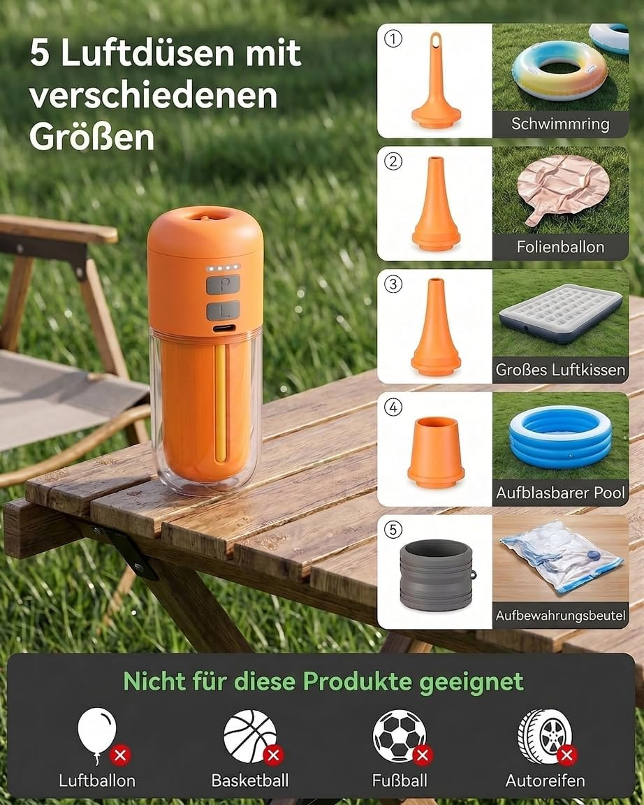 Orange Elektropumpe mit 5 Düsen für diverse Artikel: Schwimmring, Folienballon, Luftmatratze, Pool.