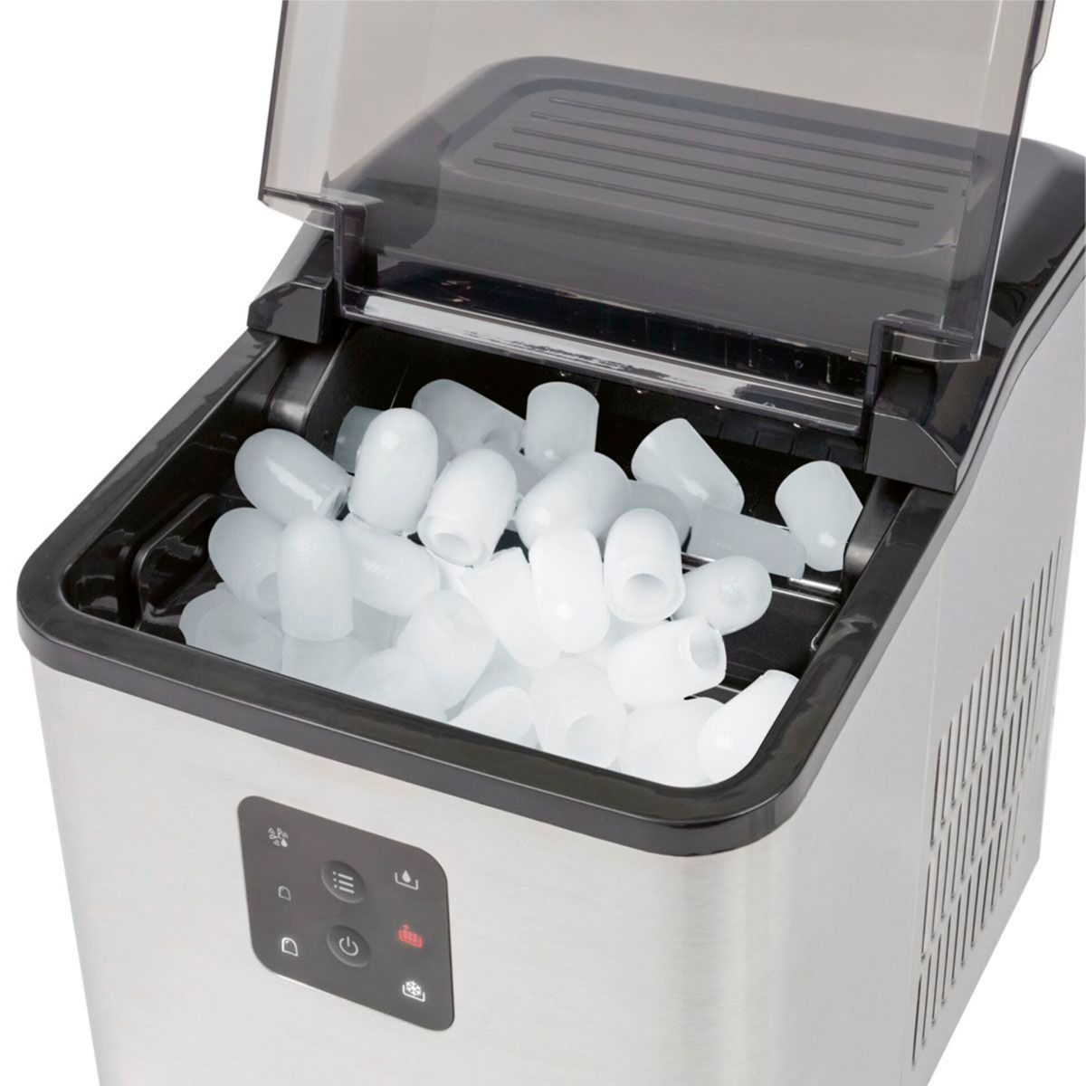 Silberne Eismaschine gefüllt mit vielen kugelförmigen Eiswürfeln. Deckel ist offen.