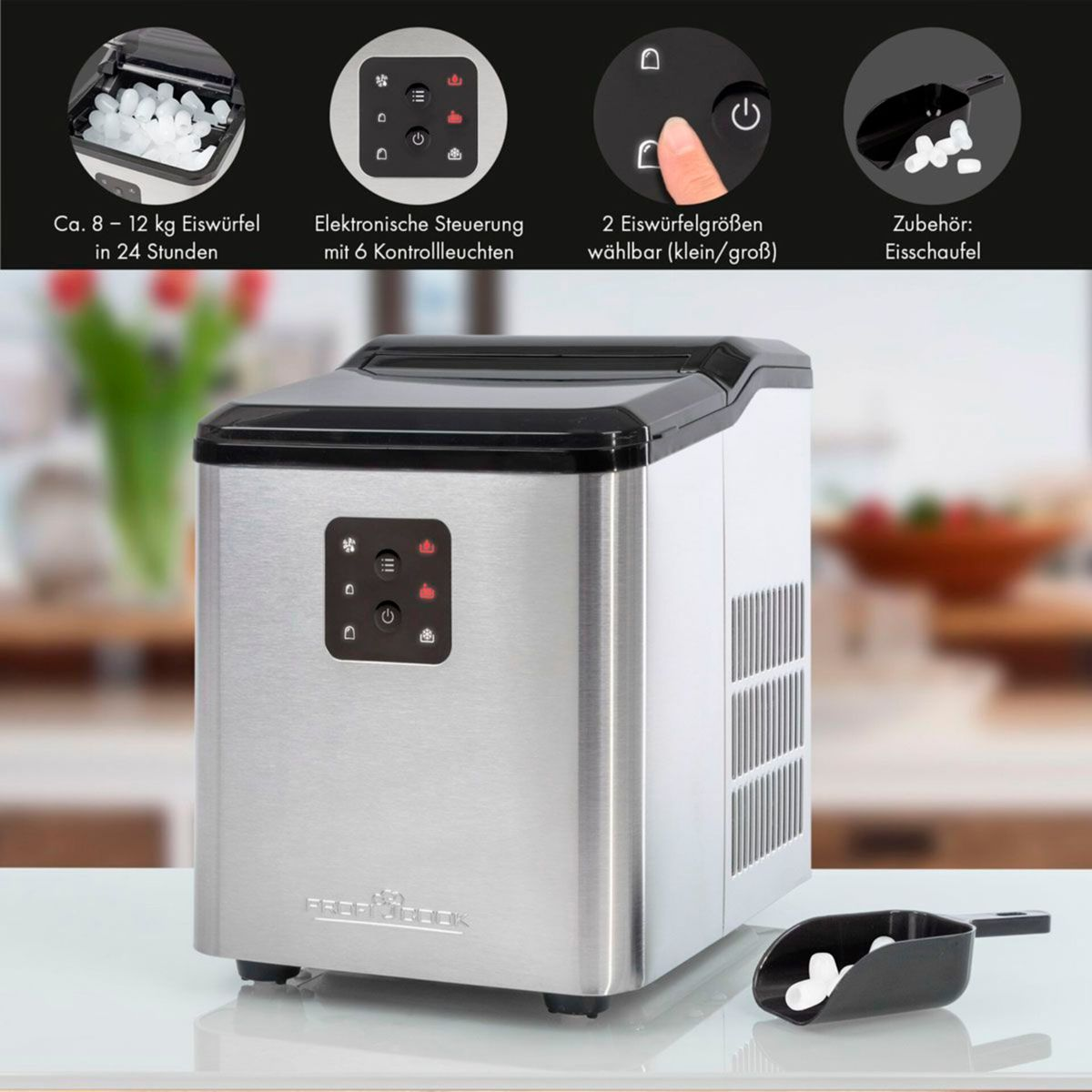 Edelstahl-Eiswürfelmaschine mit digitaler Steuerung und Eisschaufel. Produziert 8-12kg Eis pro Tag.