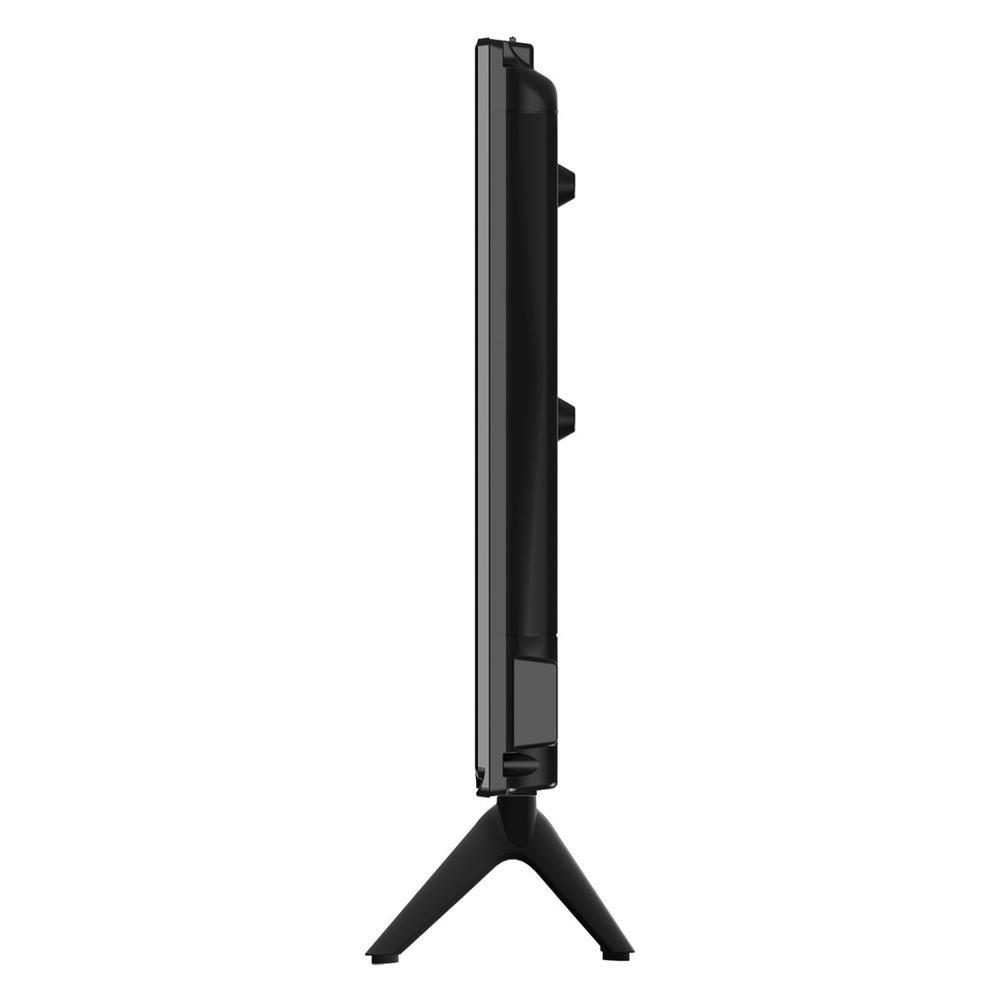 Televisor negro de perfil sobre fondo blanco con un soporte estrecho.