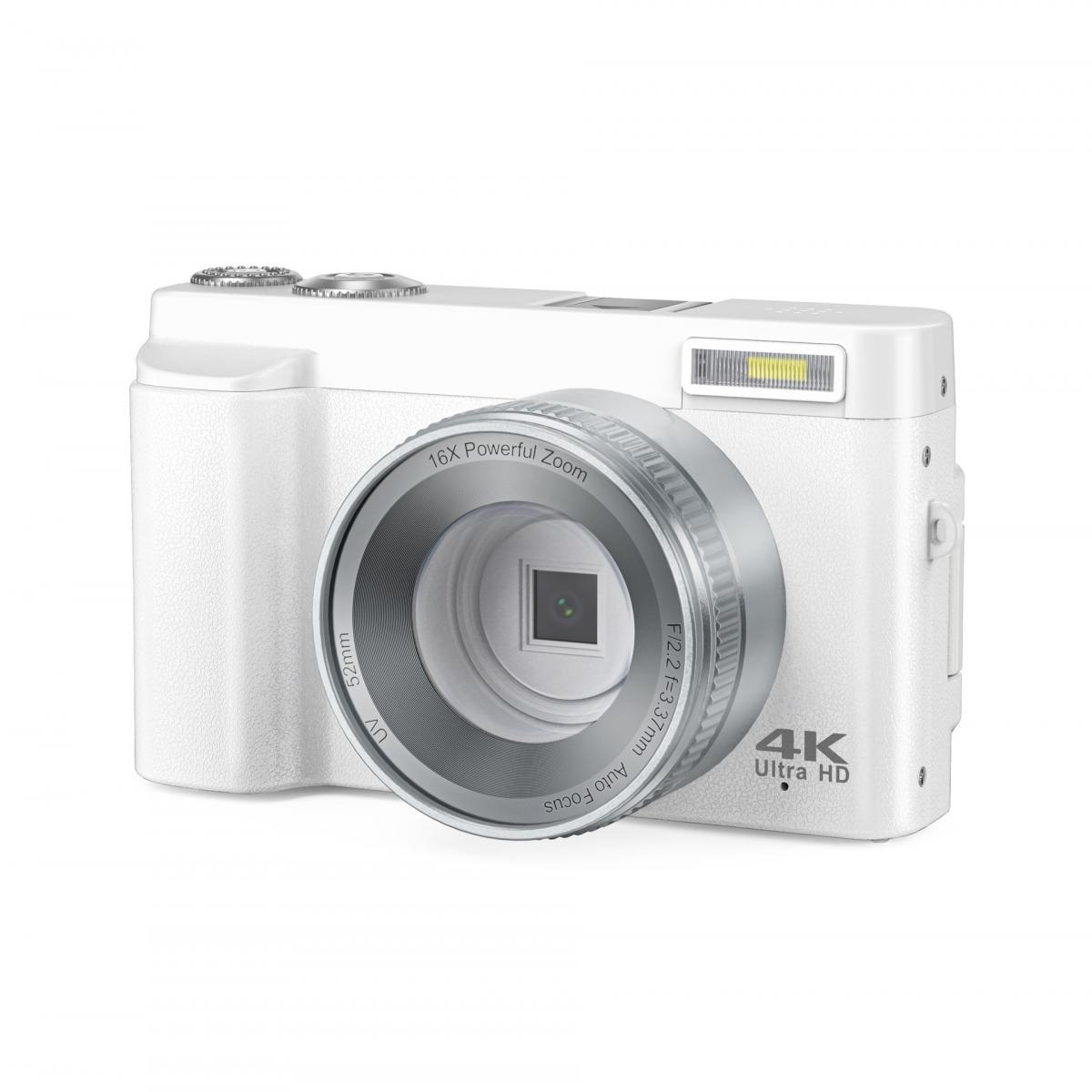 Weiße Digitalkamera mit 16-fachem Zoom und 4K Ultra HD-Aufnahme.
