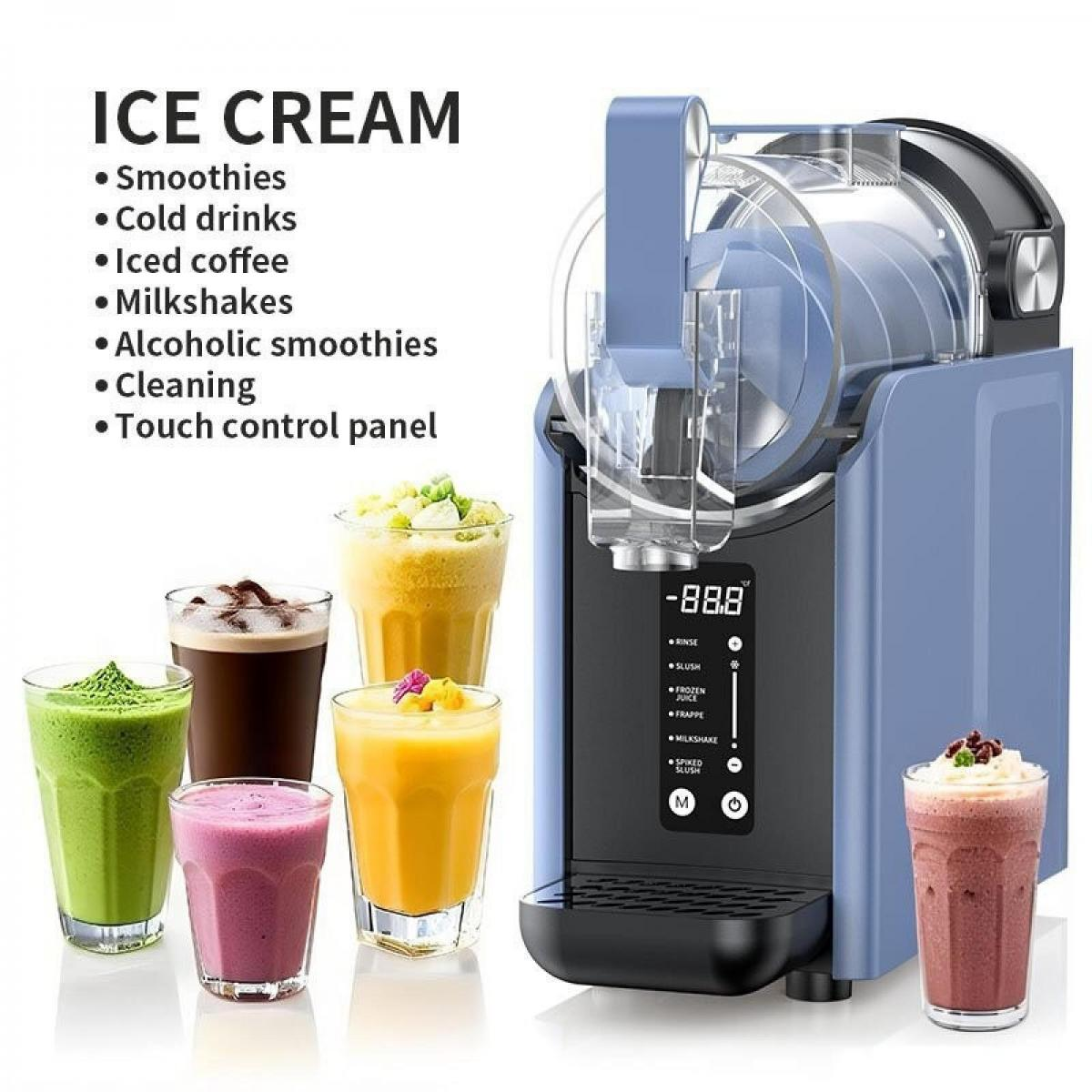 Blaue Eismaschine mit fünf bunten Getränken: grün, pink, gelb, braun und rot.