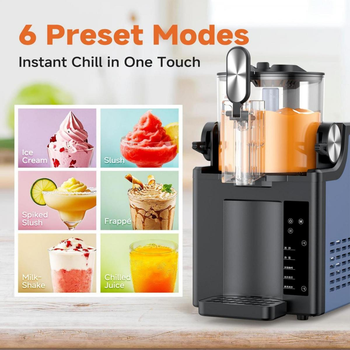 Ein Entsafter mit 6 Modi, daneben 6 Bilder von Getränken: Eis, Slush, Spiked Slush, Frappé, Milchshake, Saft.