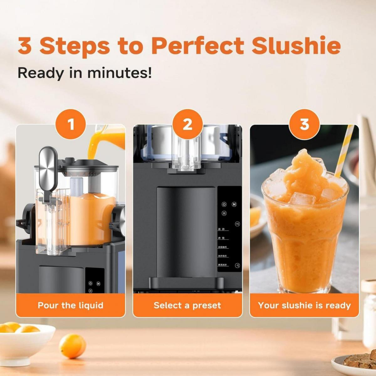 Flüssigkeit einfüllen, Voreinstellung wählen, Slushie ist fertig.
