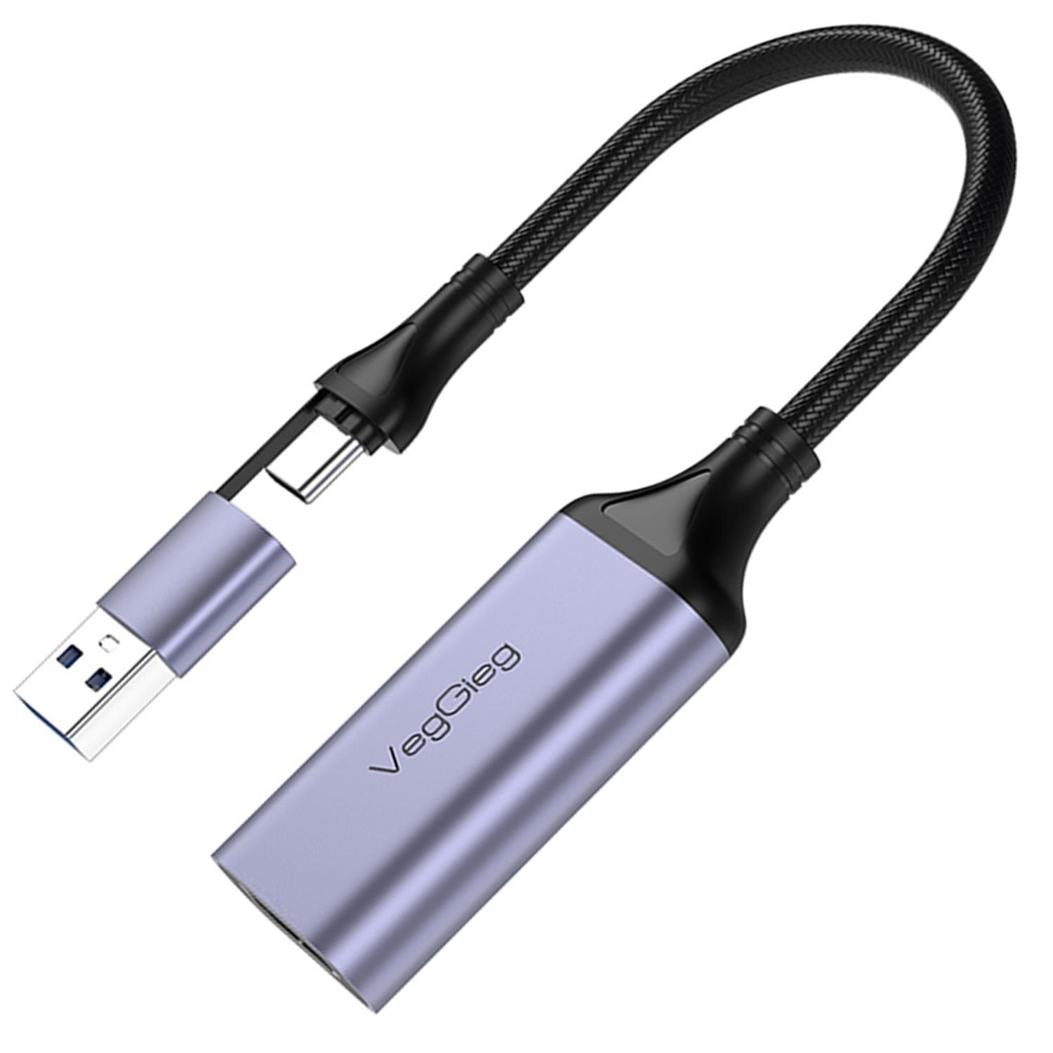 Örgülü kablolu mor USB-C adaptörü ve USB-A konektörü.
