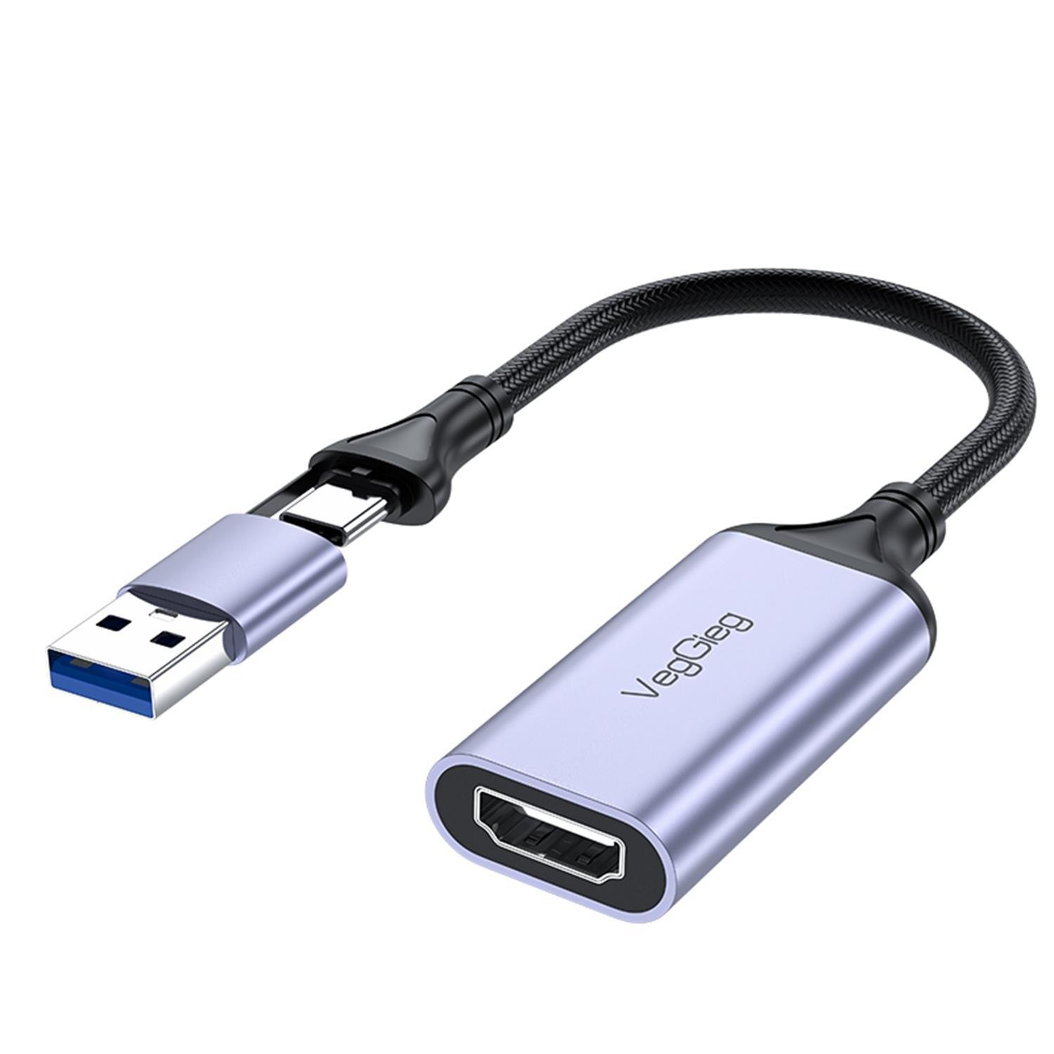Gümüş konektörlü ve siyah örgülü kablolu bir USB - HDMI adaptör kablosu.