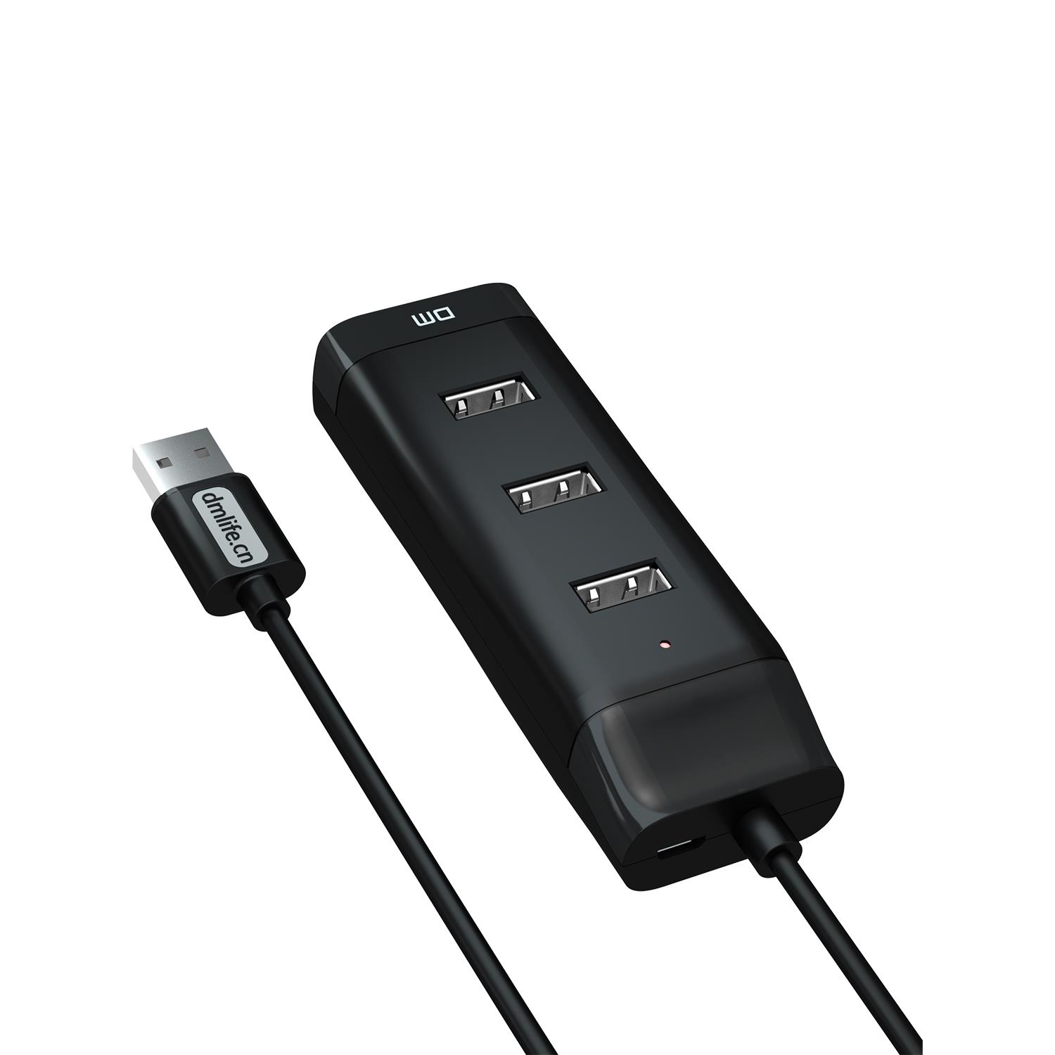 "©dmlife.cn" etiketli USB kablosu ve çift ağızlı siyah USB hub.