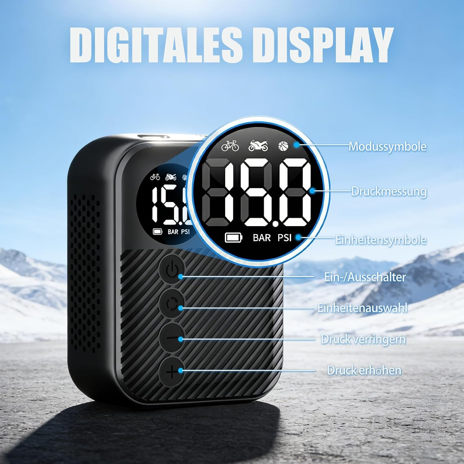 Digitales Display eines schwarzen Luftkompressors mit Symbolen und Zahlen.