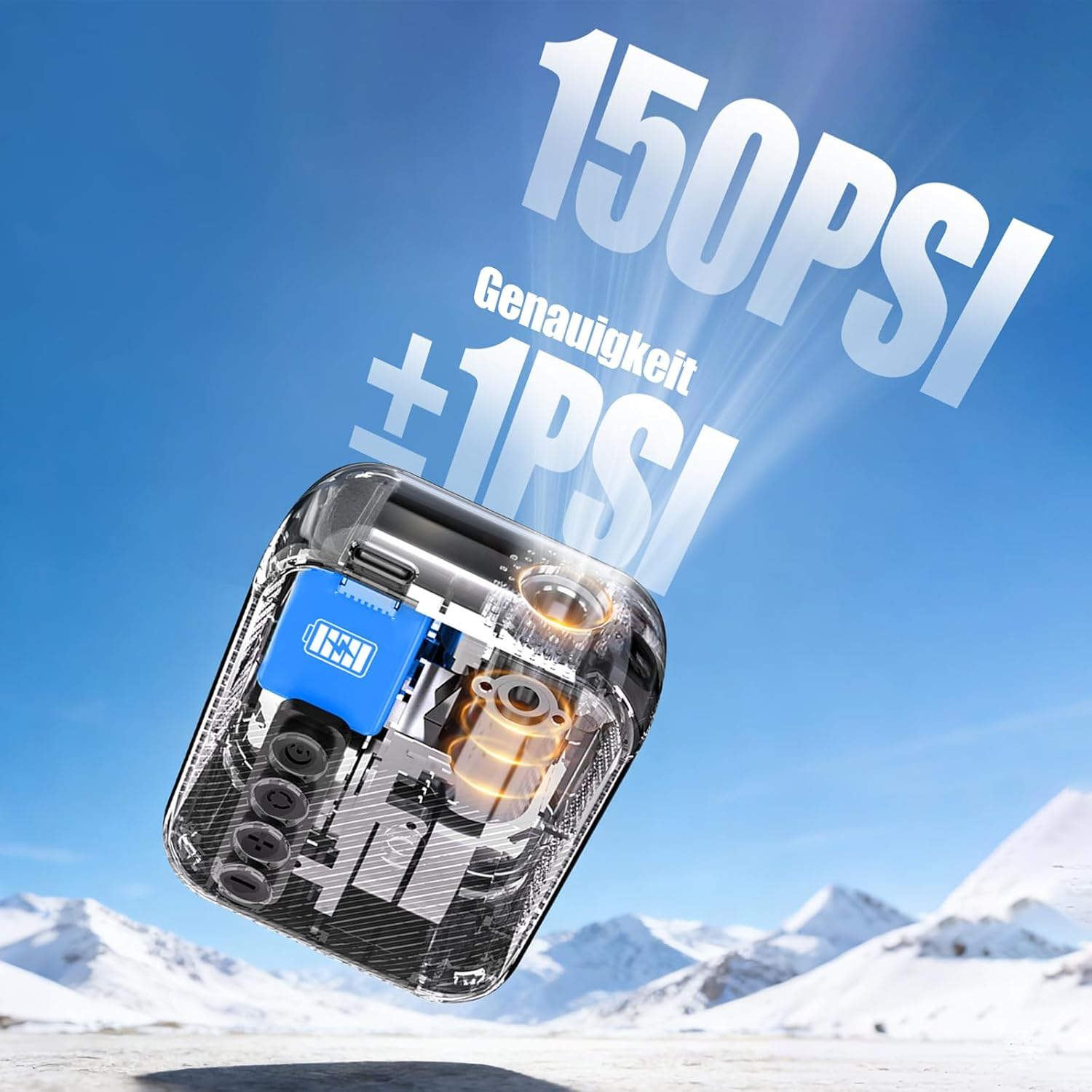 Transparenter Luftkompressor mit 150 PSI und ±1 PSI Genauigkeit vor verschneiten Bergen.