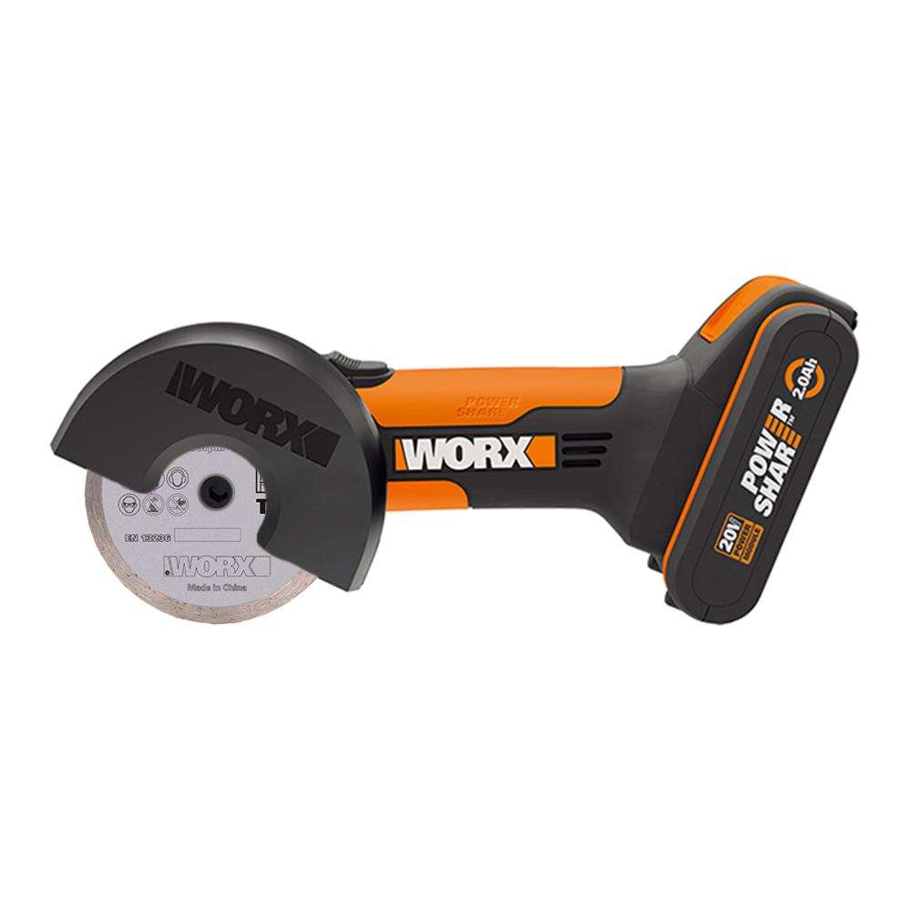 Siyah ve turuncu WORX avuç taşlama makinesi, 20V pil ile.