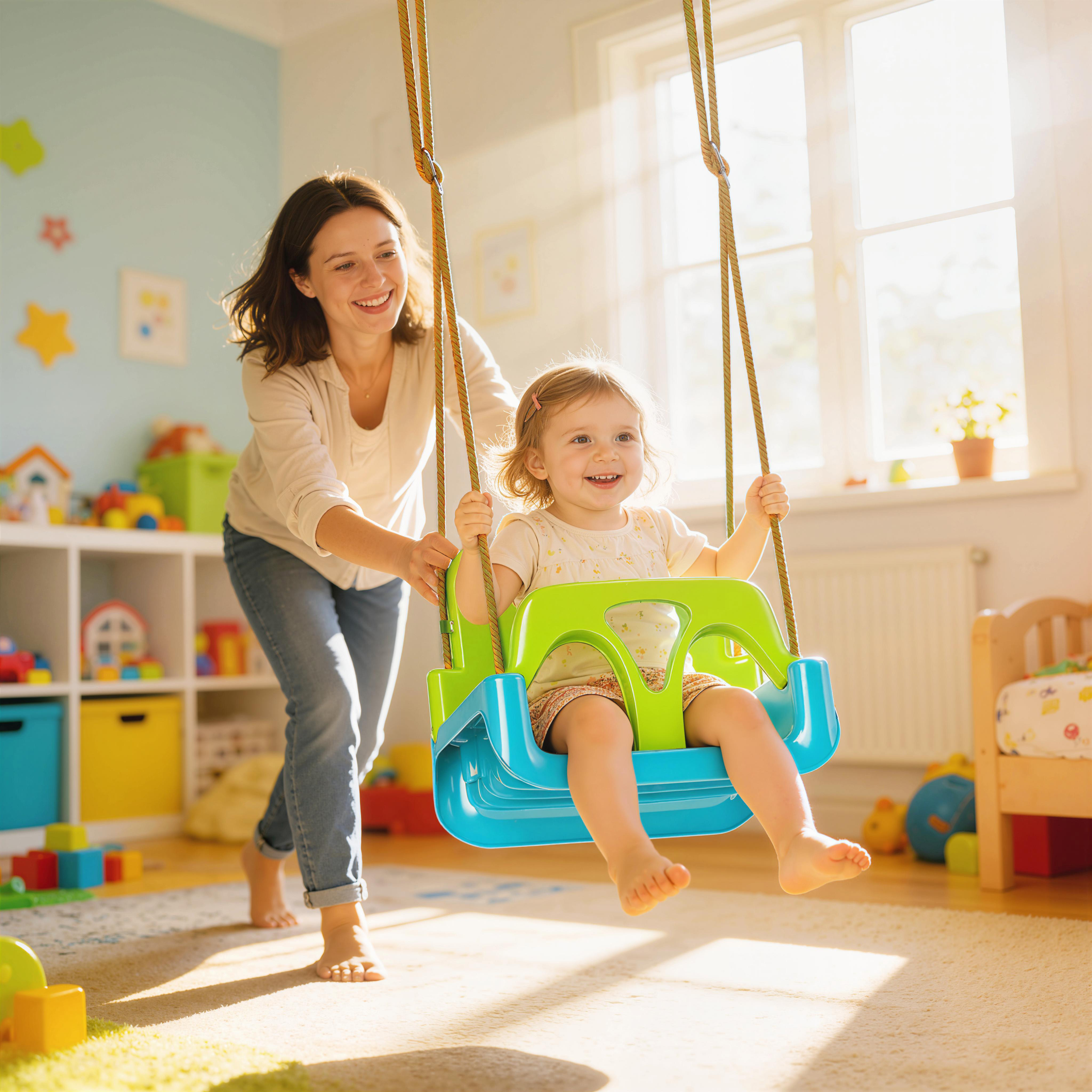 Mamma spinge bambino sull'altalena in una stanza giochi piena di giocattoli.