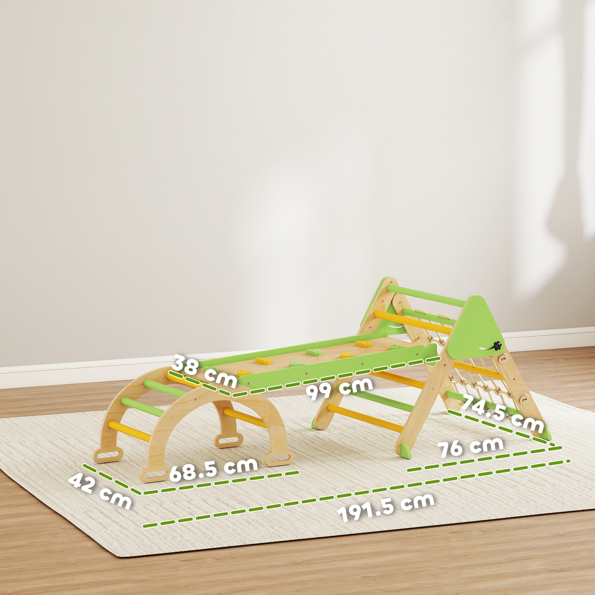Un gioco d'arrampicata Pikler in legno con scivolo e parete da arrampicata, dimensioni segnate.