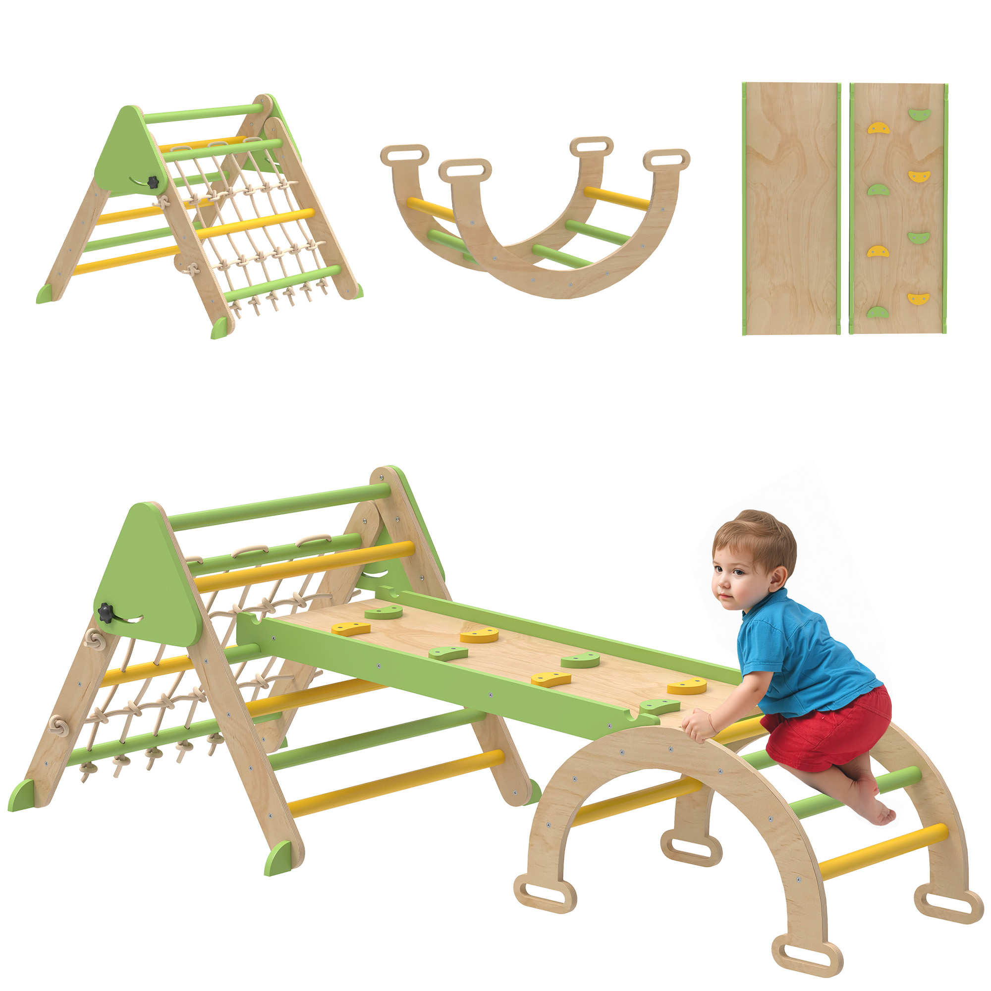 Un bambino si arrampica su una struttura da gioco in legno con elementi verdi e gialli.