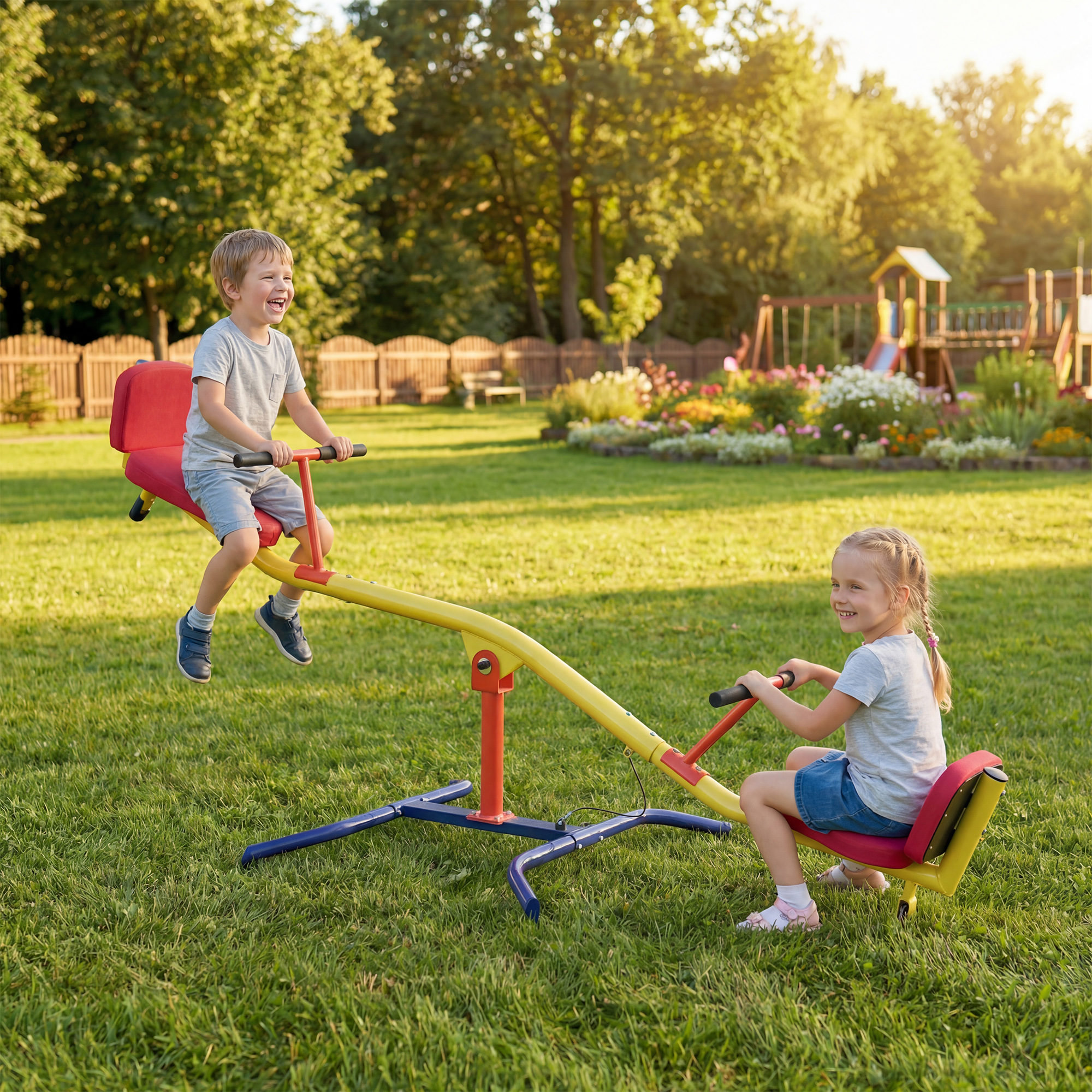 Due bambini ridono su un'altalena rossa e gialla sull'erba. Parco giochi sullo sfondo.